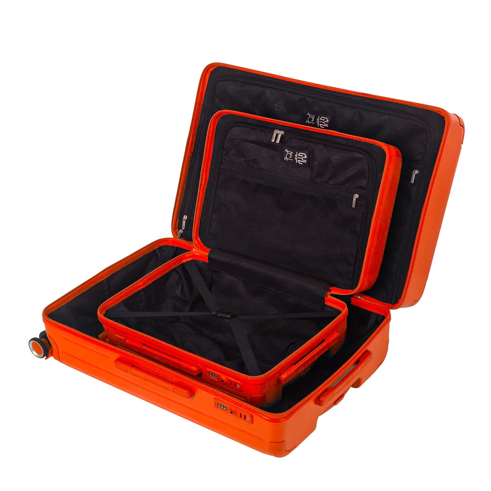 Intérieur compartimenté de la valise GYL Intemporelle orange avec sangles croisées et poches filet.