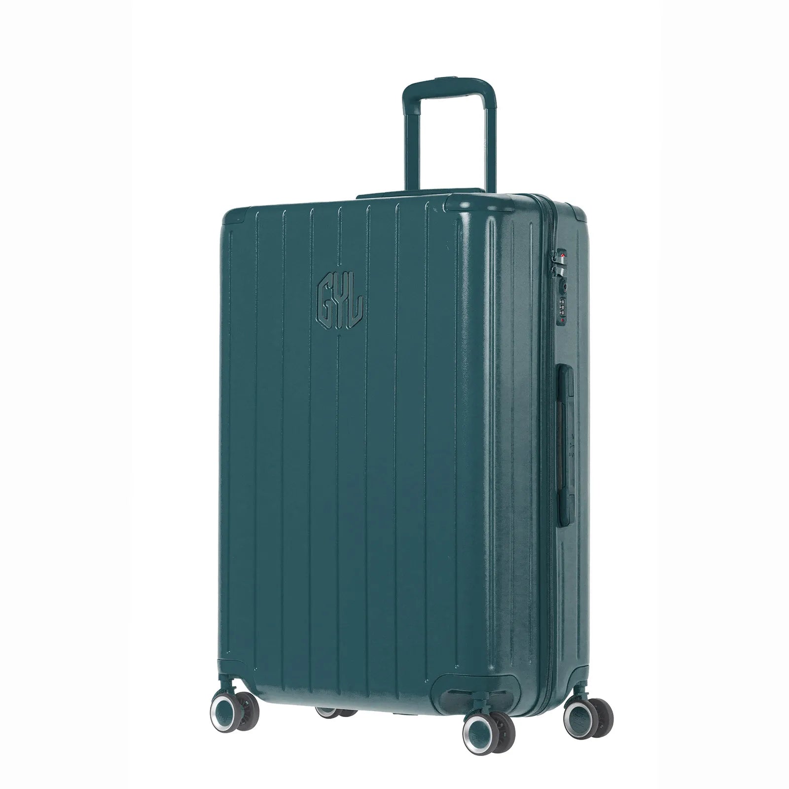 Vue face angle de la valise rigide GYL Intemporelle sapin avec poignées intégrées et roulettes pivotantes.
