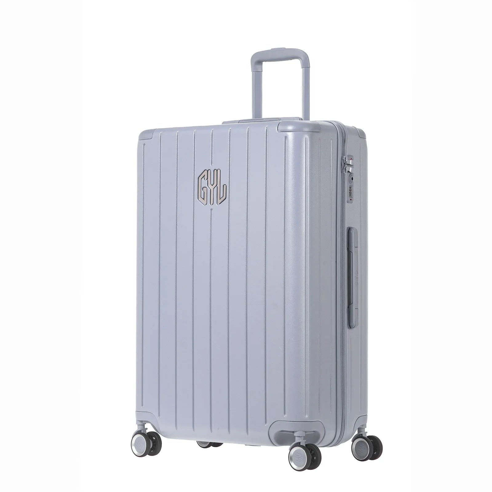 Vue face angle de la valise rigide GYL Intemporelle argent avec poignées intégrées et roulettes pivotantes.