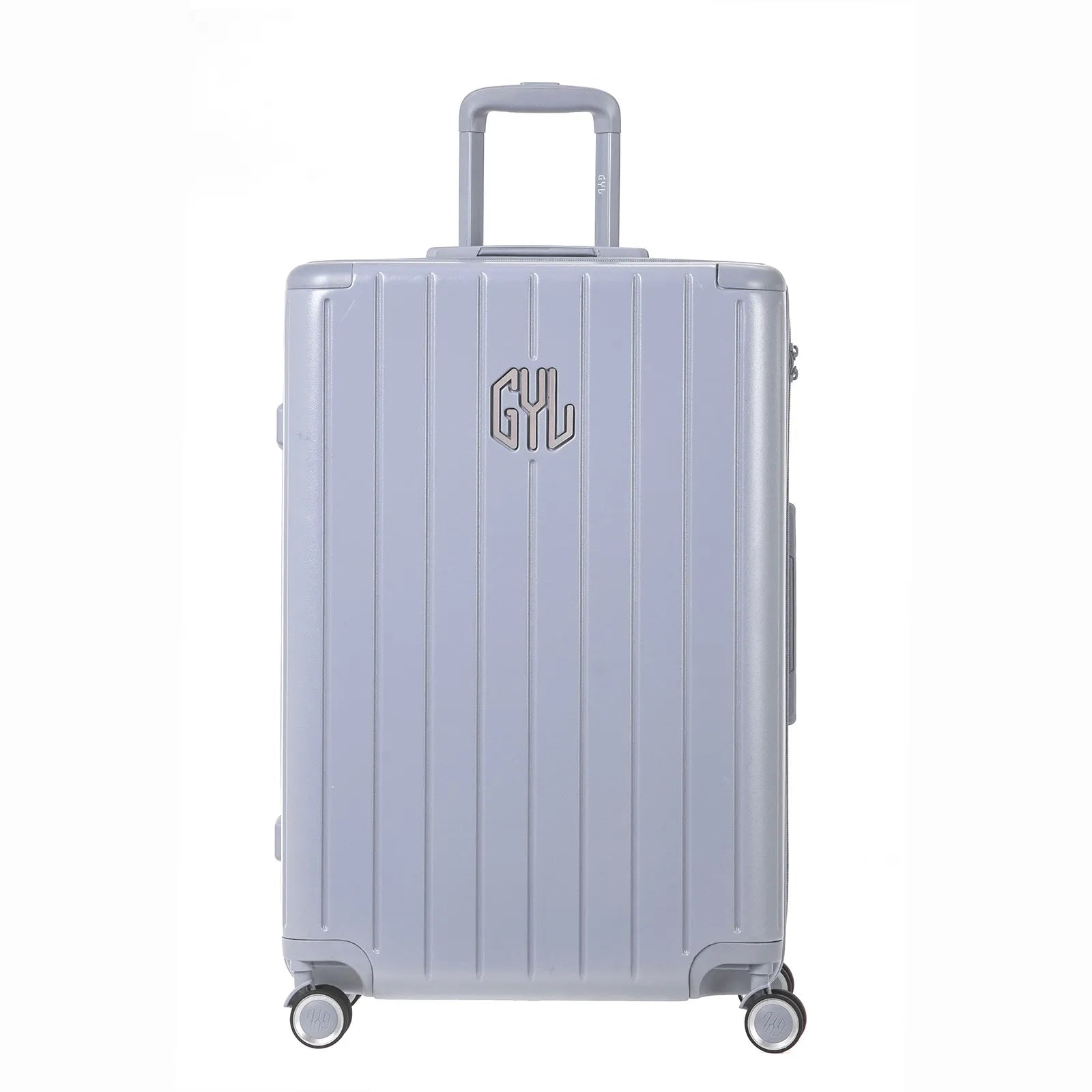 Vue arrière de la valise rigide GYL Intemporelle argent avec poignées intégrées et roulettes pivotantes.