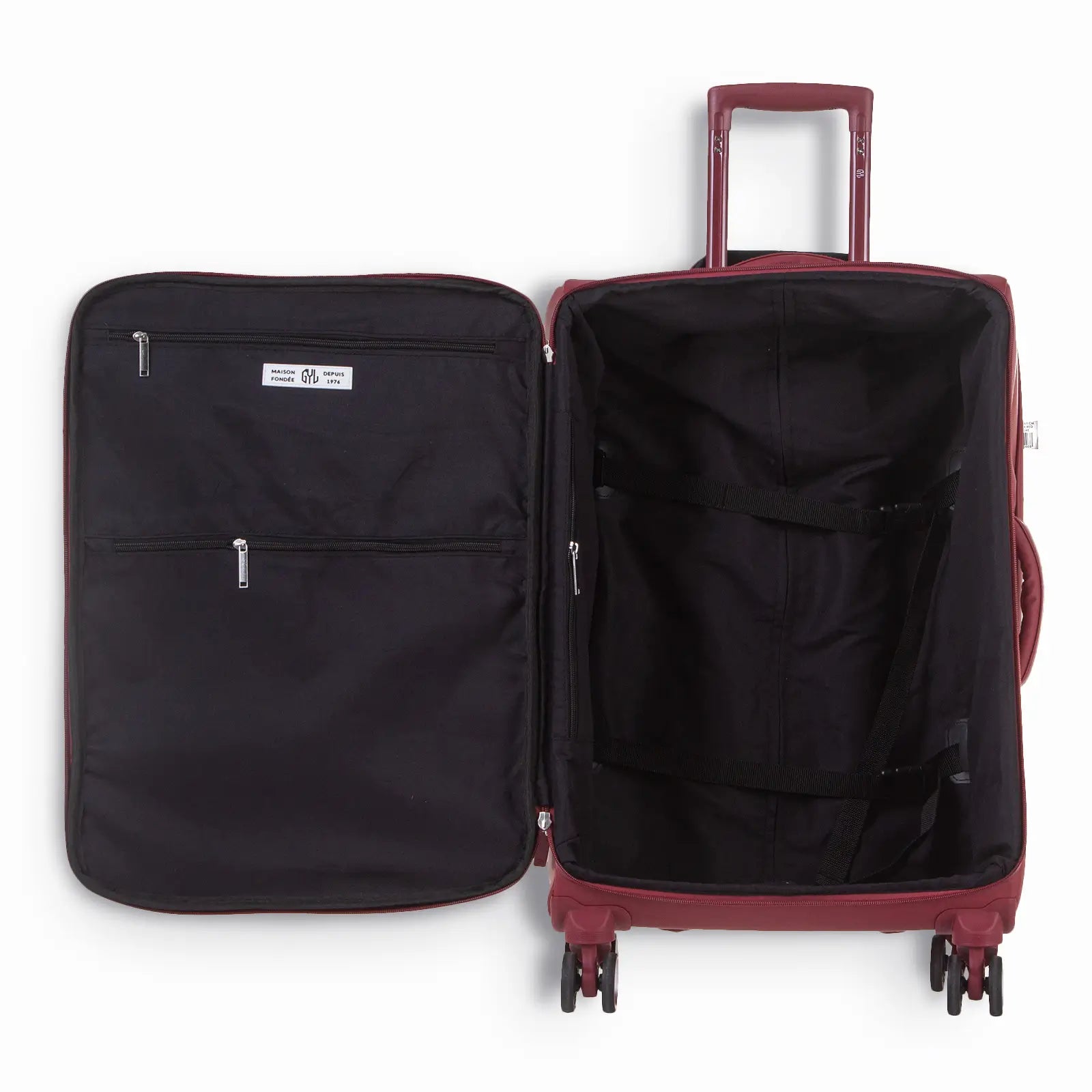Vue intérieure de la valise Évasion GYL rouge, avec poches zippées et sangles croisées noires pour un rangement ordonné et pratique des effets personnels.