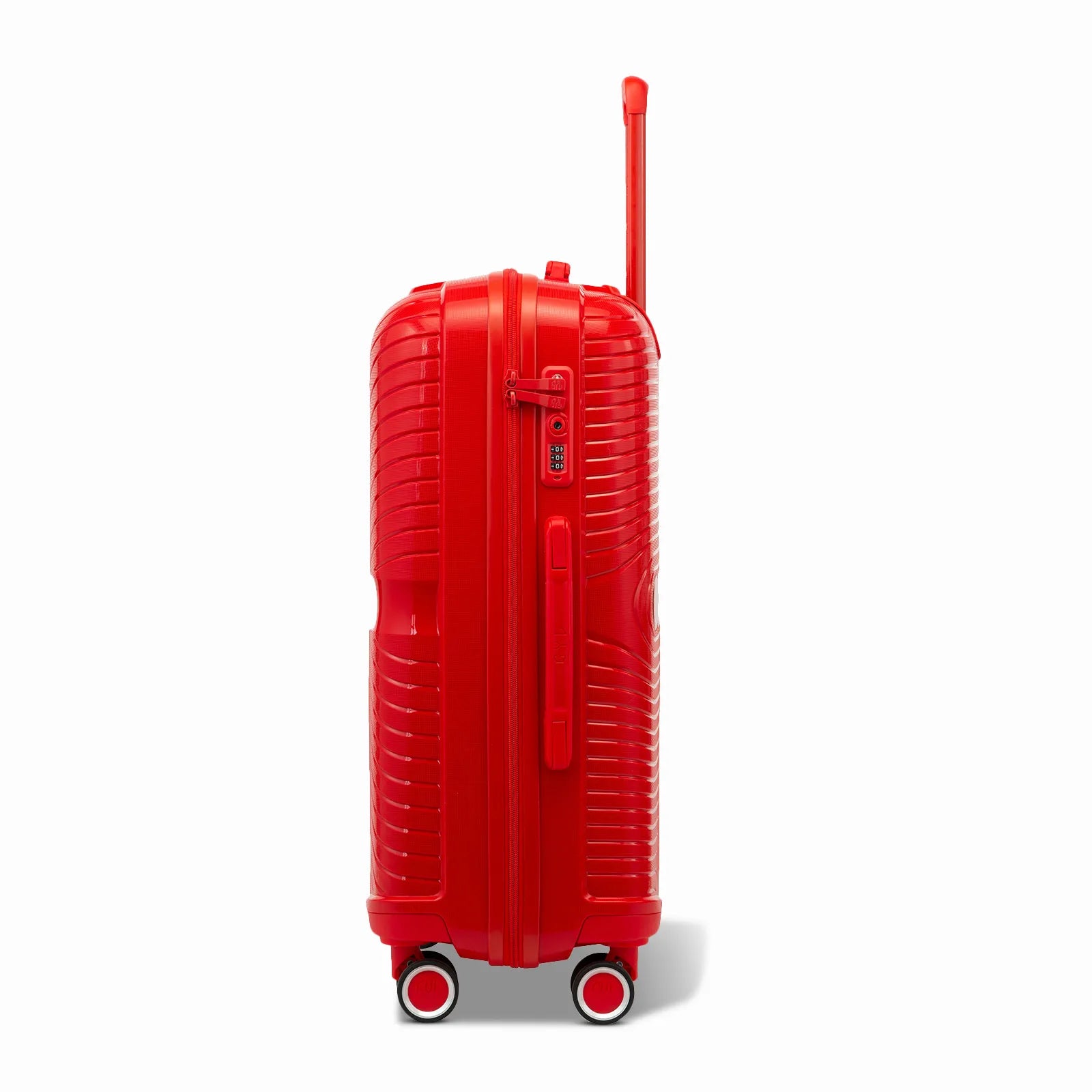 Côté de la valise cabine GYL Signature rouge avec serrure TSA intégrée et poignée latérale assortie.