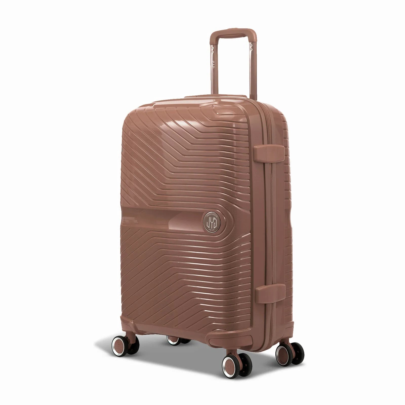 Valise GYL Signature cabine champagne en polypropylène vue de trois quarts, avec trolley déployé et roues doubles 360°