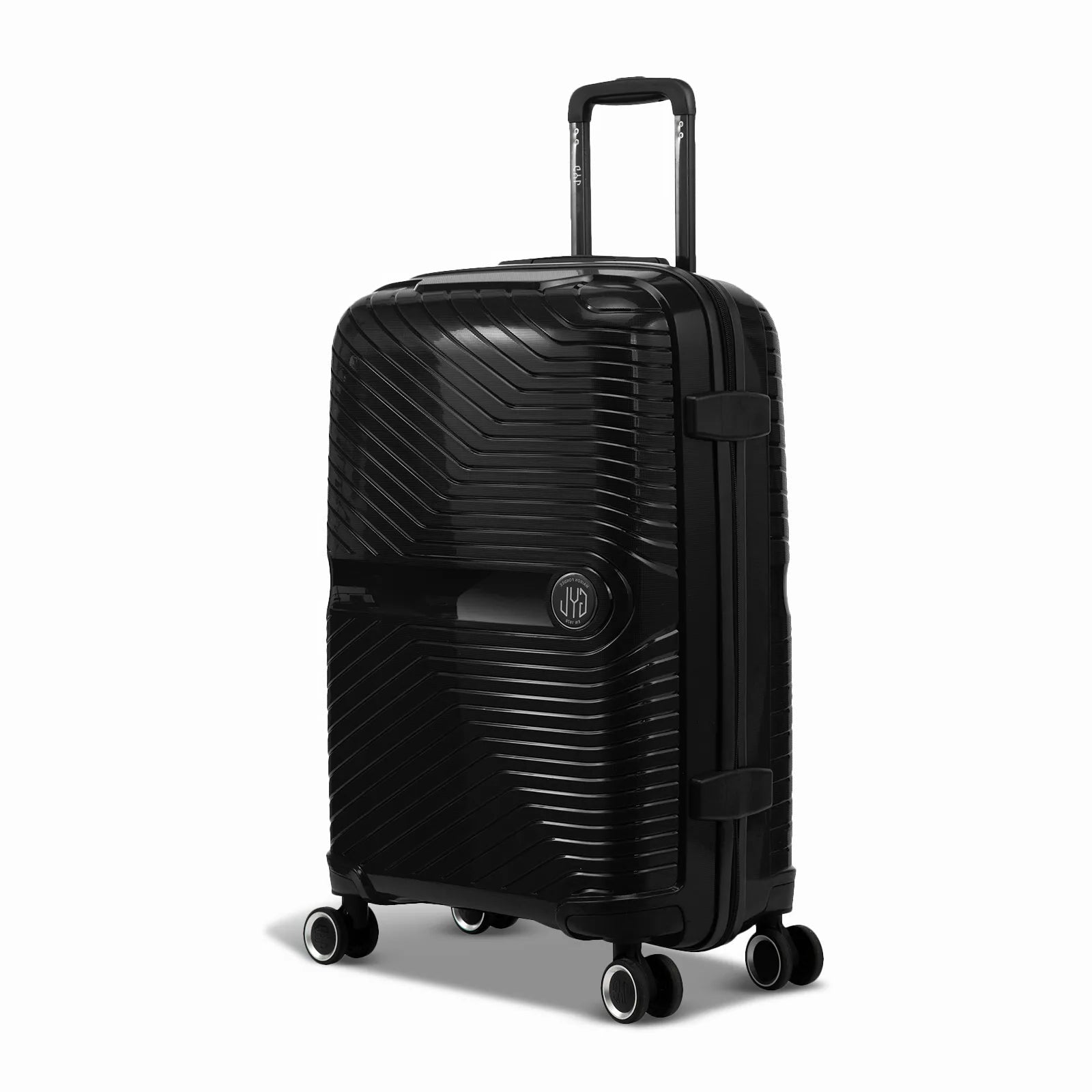 Valise GYL Signature cabine noire en polypropylène vue de trois quarts, avec trolley déployé et roues doubles 360°