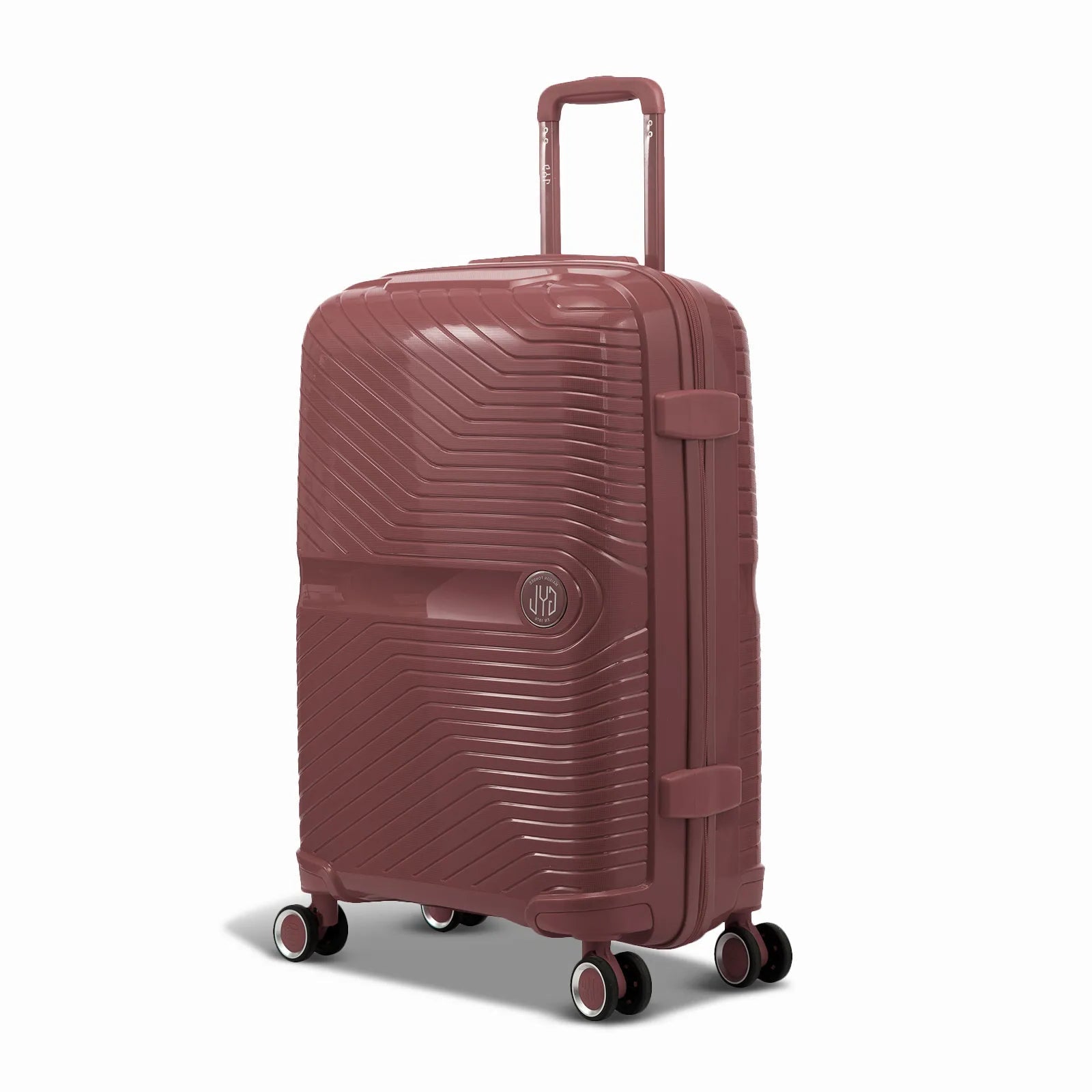 Valise GYL Signature cabine rose gold en polypropylène vue de trois quarts, avec trolley déployé et roues doubles 360°