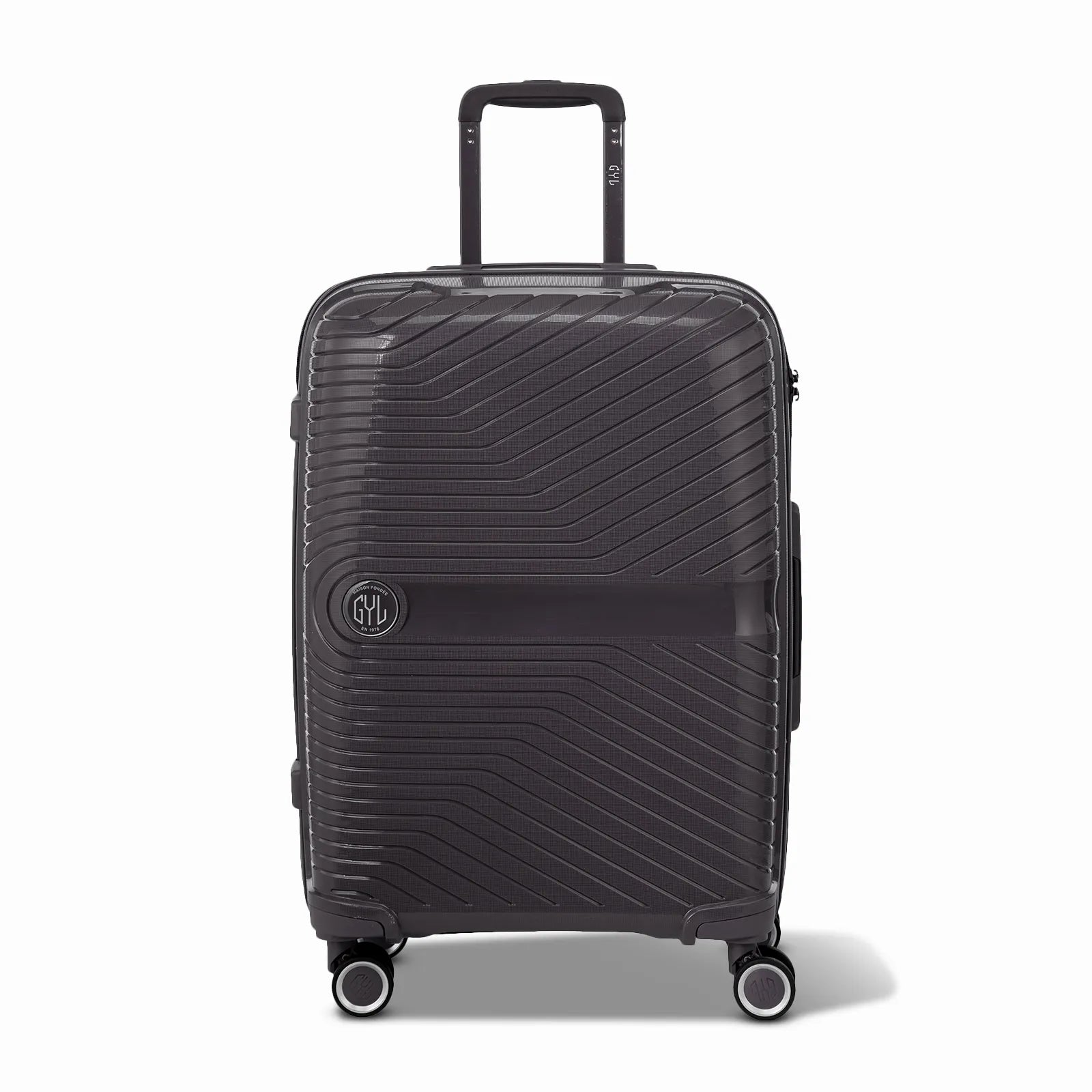 Valise GYL Signature cabine argent en polypropylène vue de face, avec trolley déployé et roues doubles 360°
