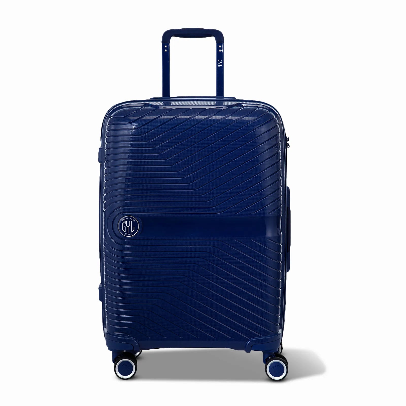 Valise GYL Signature cabine marine en polypropylène vue de face, avec trolley déployé et roues doubles 360°