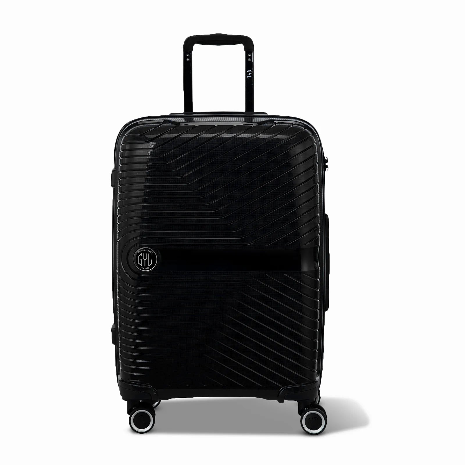 Valise GYL Signature cabine noir en polypropylène vue de face, avec trolley déployé et roues doubles 360°