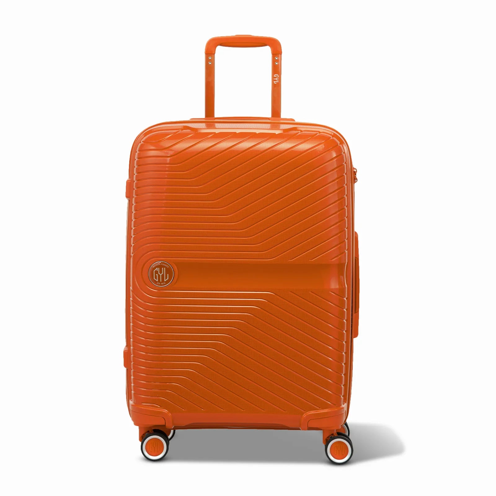 Valise GYL Signature cabine orange en polypropylène vue de face, avec trolley déployé et roues doubles 360°