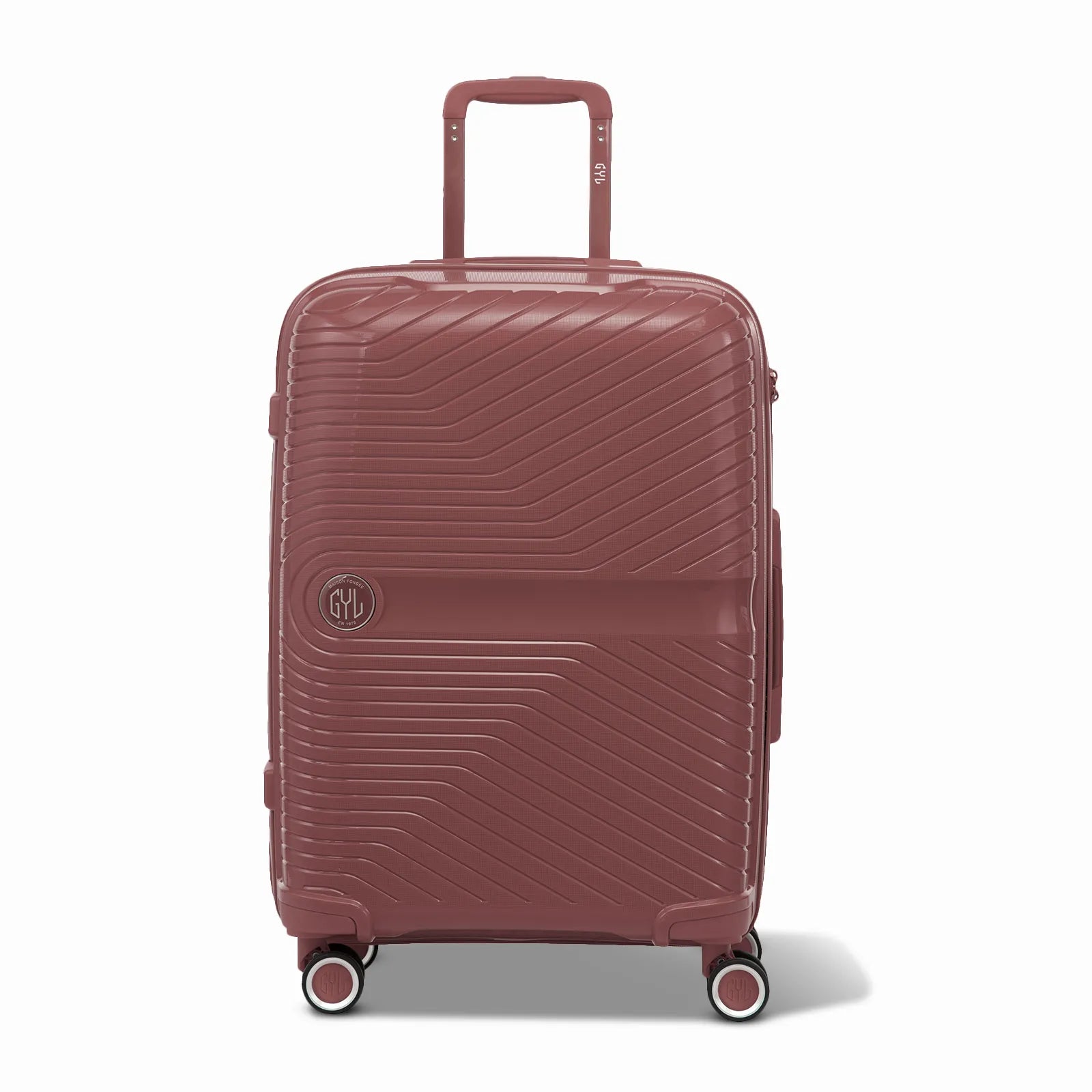 Valise GYL Signature cabine rose gold en polypropylène vue de face, avec trolley déployé et roues doubles 360°