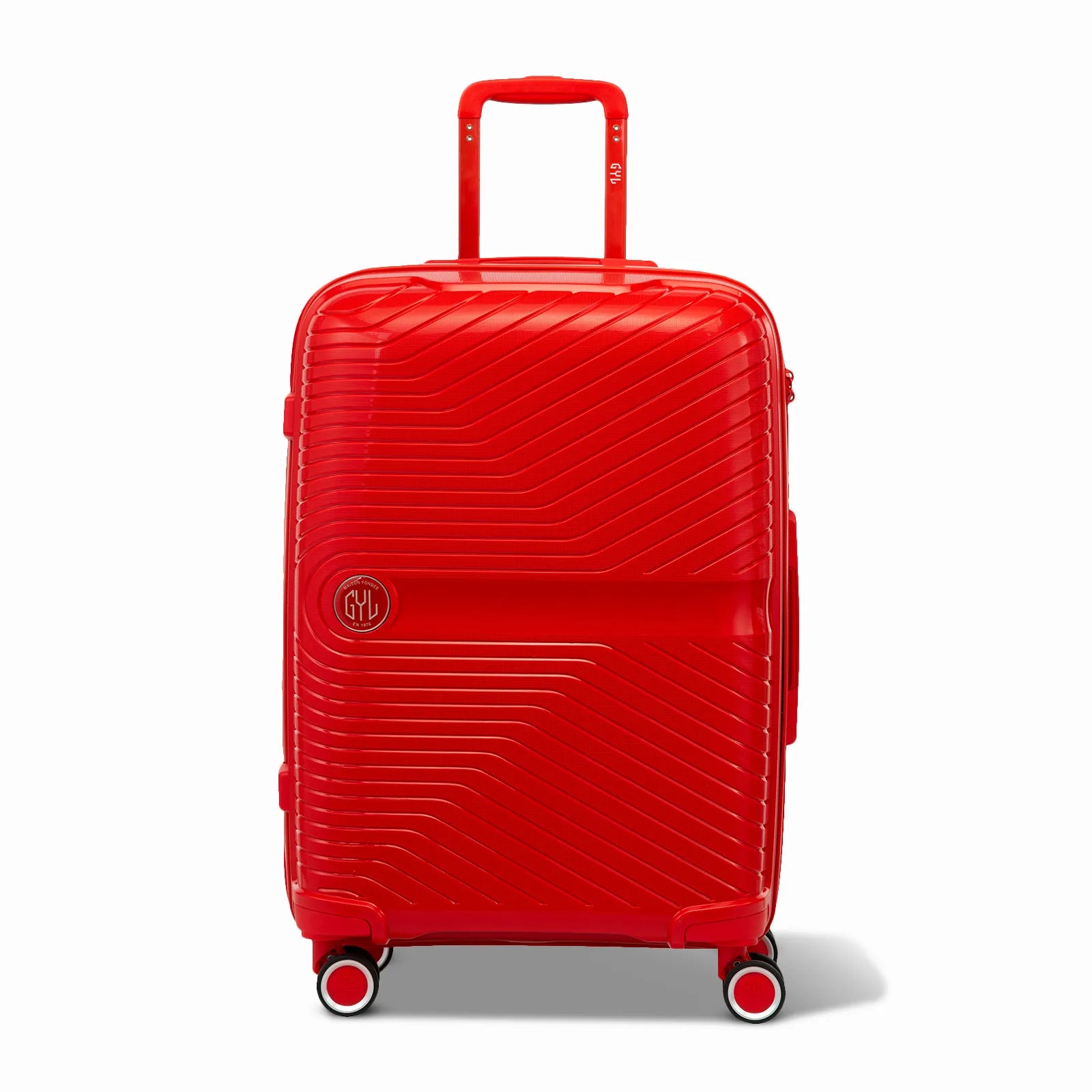 Valise GYL Signature cabine rouge en polypropylène vue de face, avec trolley déployé et roues doubles 360°
