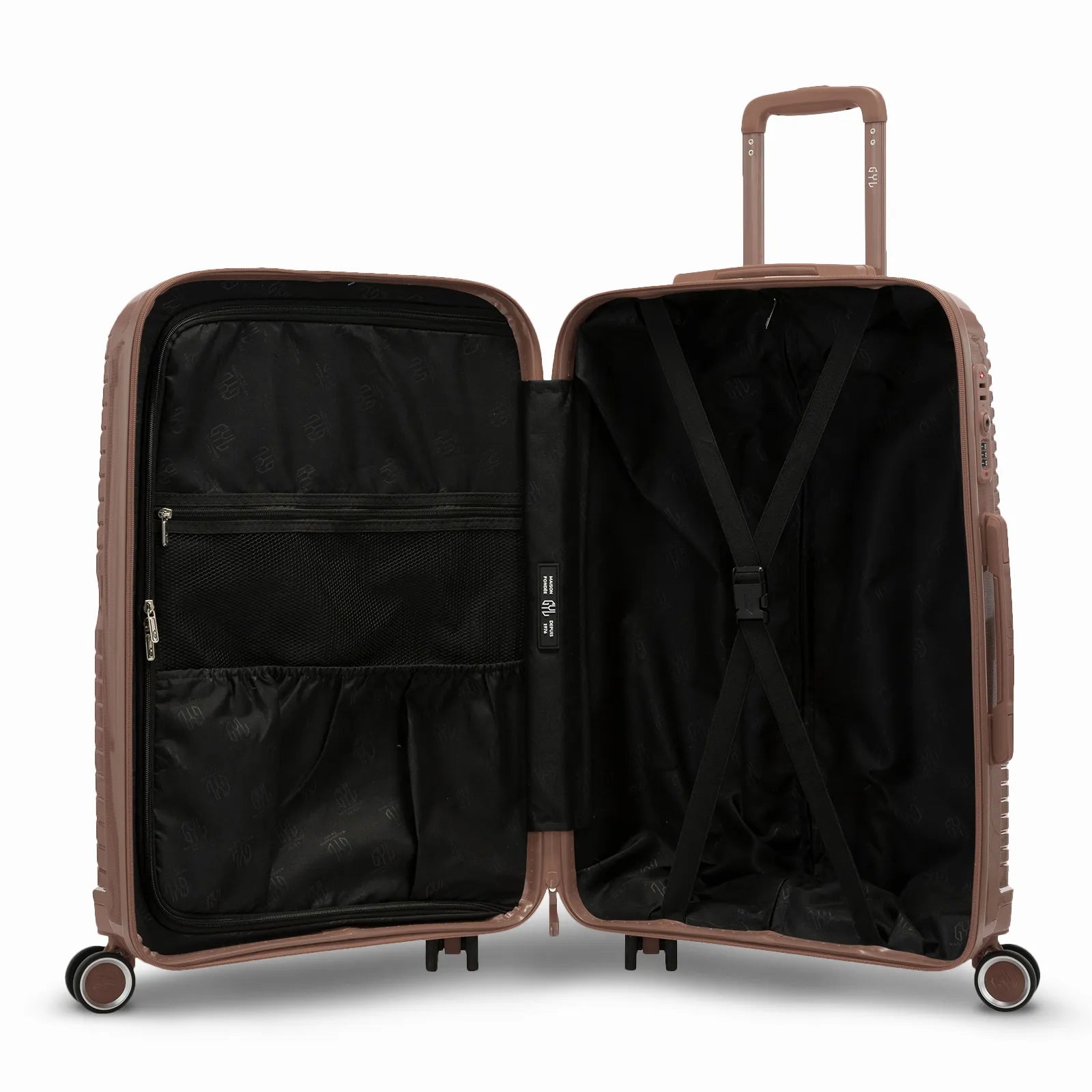 Intérieur de la valise cabine GYL Signature champagne, avec sangles croisées et séparateur zippé en tissu.