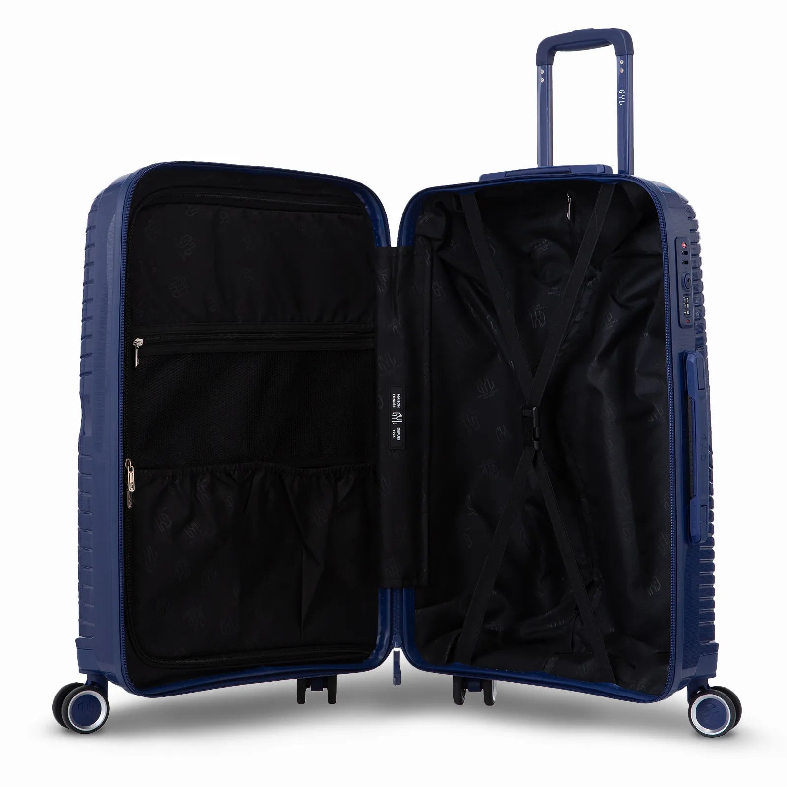 Intérieur de la valise cabine GYL Signature marine, avec sangles croisées et séparateur zippé en tissu.