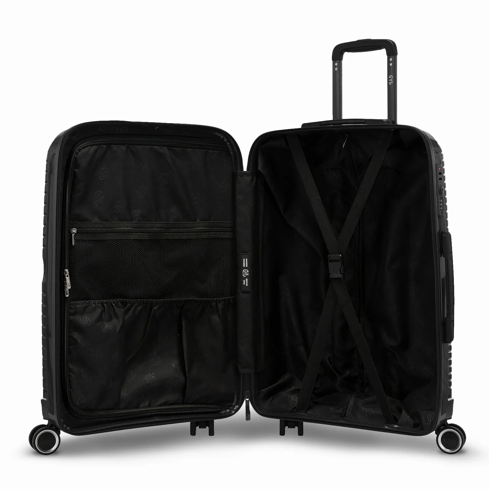 Intérieur de la valise cabine GYL Signature noire, avec sangles croisées et séparateur zippé en tissu.