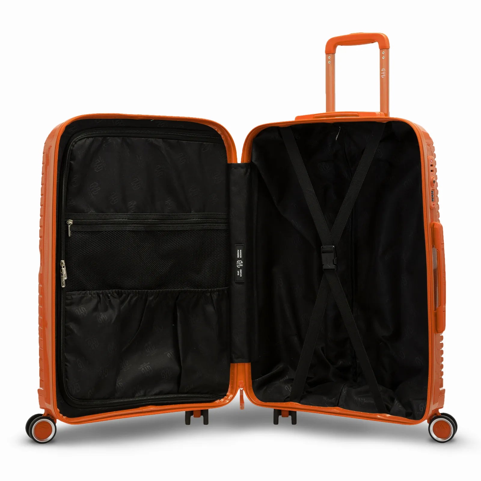 Intérieur de la valise cabine GYL Signature orange, avec sangles croisées et séparateur zippé en tissu.