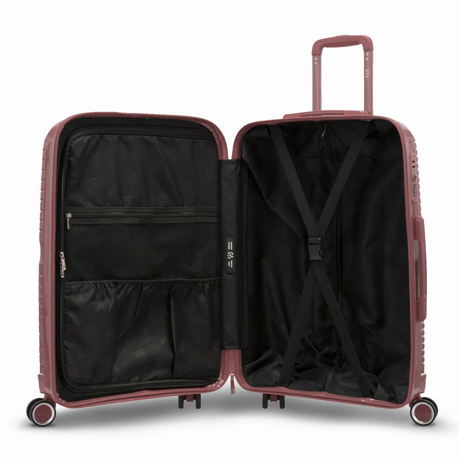 Intérieur de la valise cabine GYL Signature rose gold, avec sangles croisées et séparateur zippé en tissu.