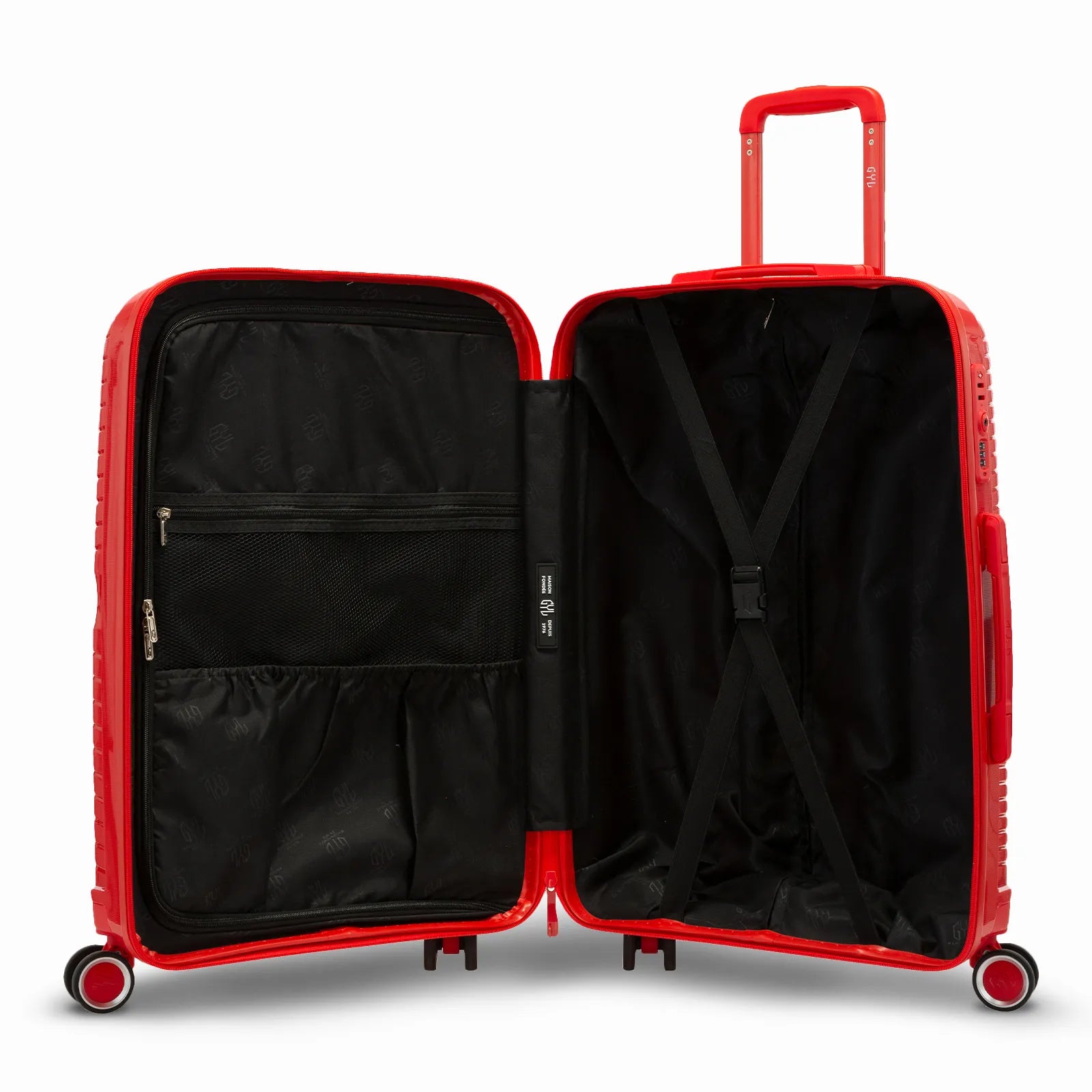 Intérieur de la valise cabine GYL Signature rouge, avec sangles croisées et séparateur zippé en tissu.