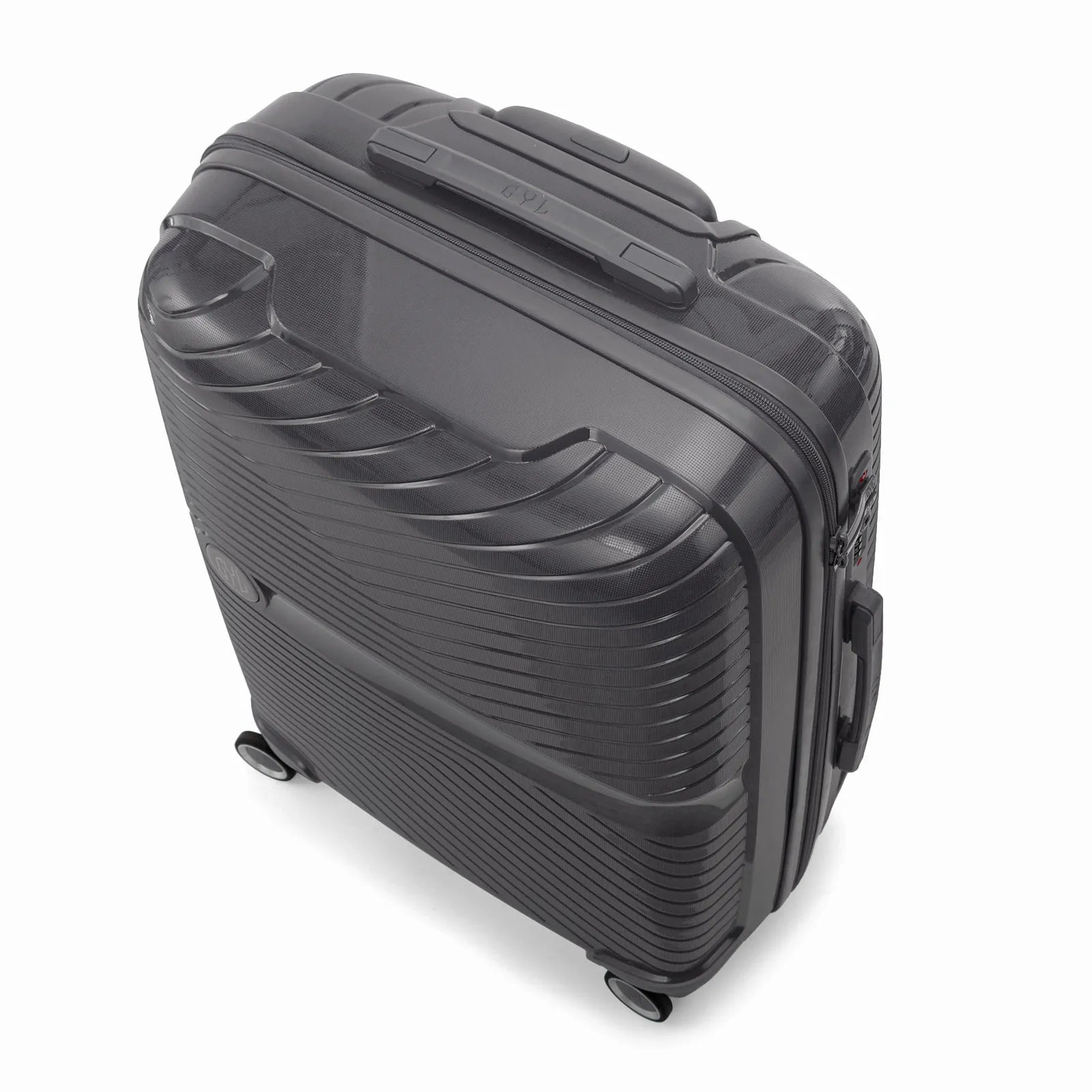 Valise cabine GYL Signature argent vue du dessus en diagonale, montrant la poignée supérieure et la structure nervurée.