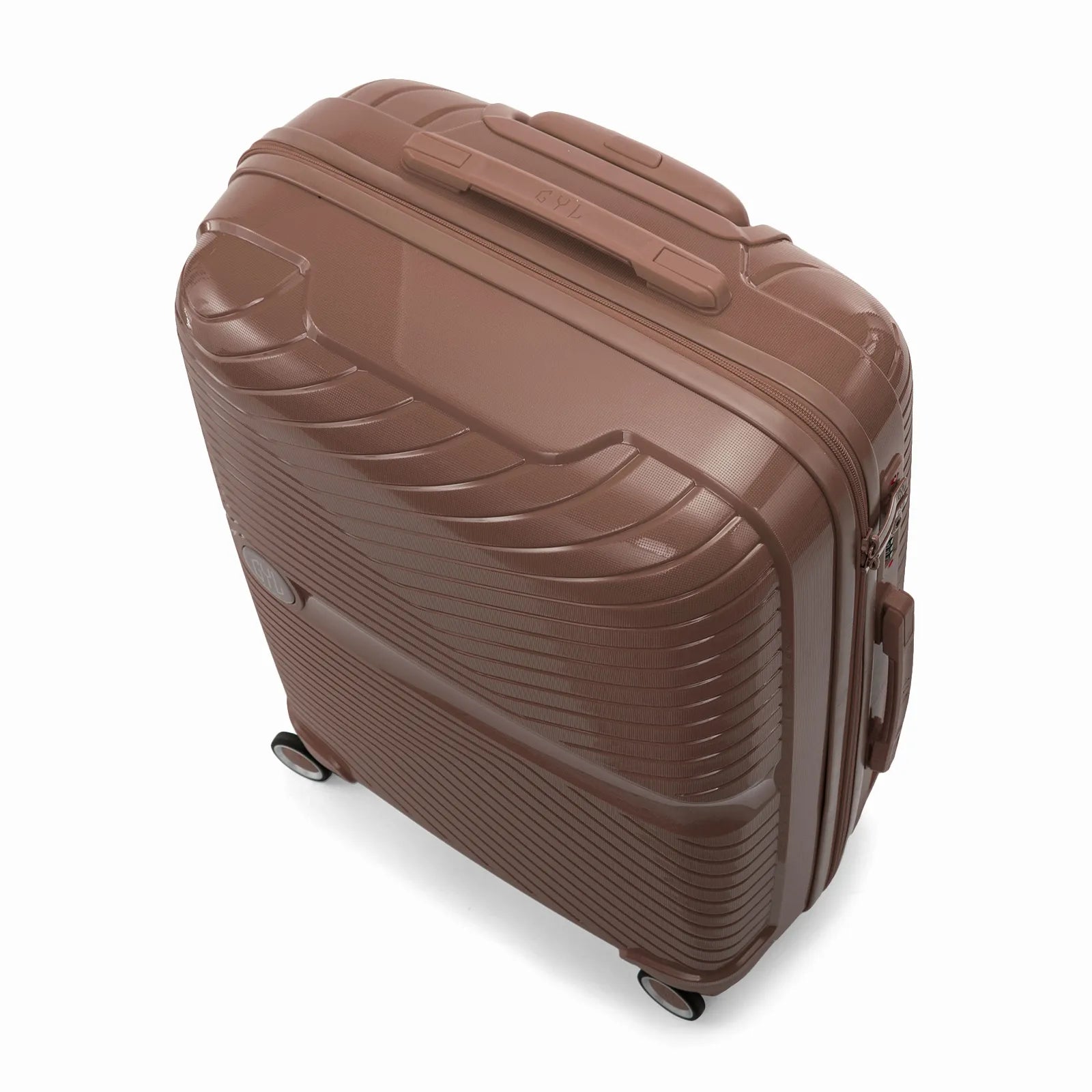 Valise cabine GYL Signature champagne vue du dessus en diagonale, montrant la poignée supérieure et la structure nervurée.