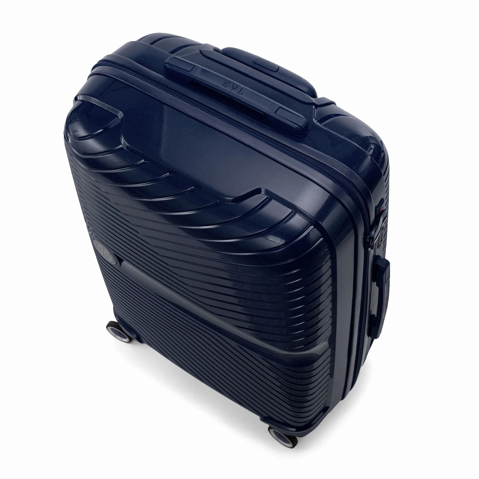 Valise cabine GYL Signature marine vue du dessus en diagonale, montrant la poignée supérieure et la structure nervurée.