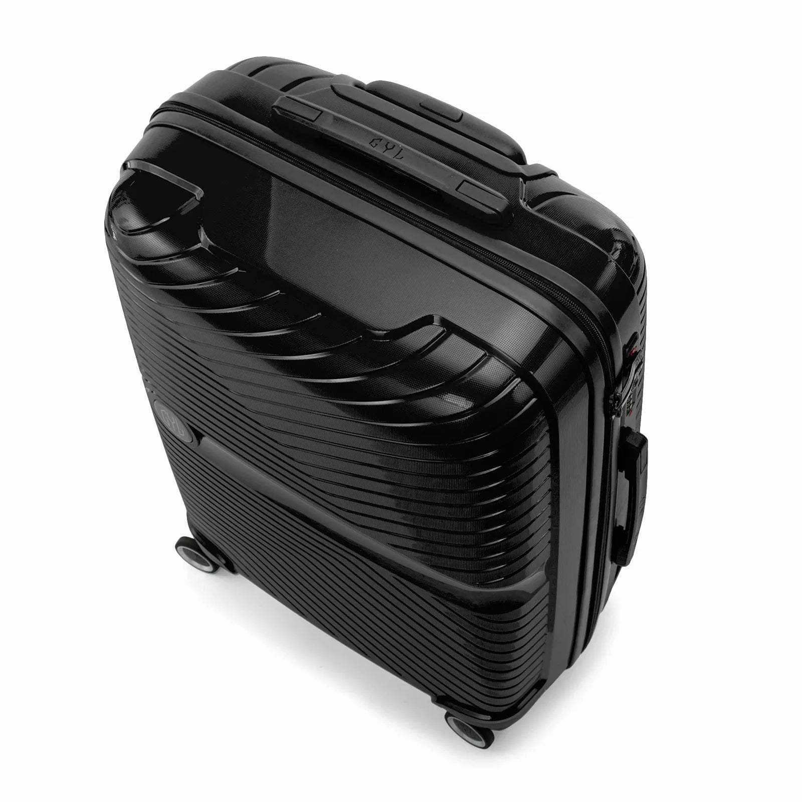 Valise cabine GYL Signature noire vue du dessus en diagonale, montrant la poignée supérieure et la structure nervurée.