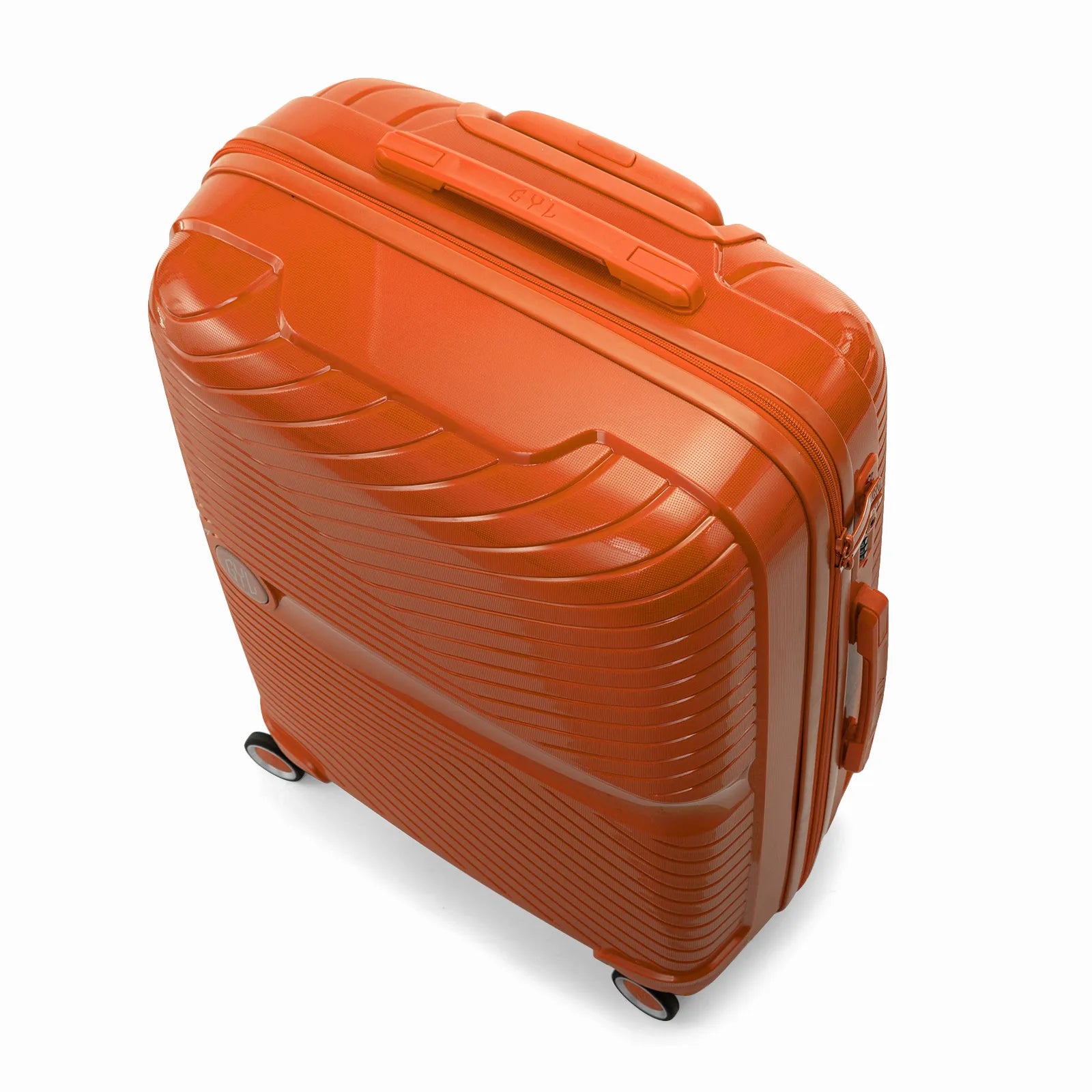 Valise cabine GYL Signature orange vue du dessus en diagonale, montrant la poignée supérieure et la structure nervurée.