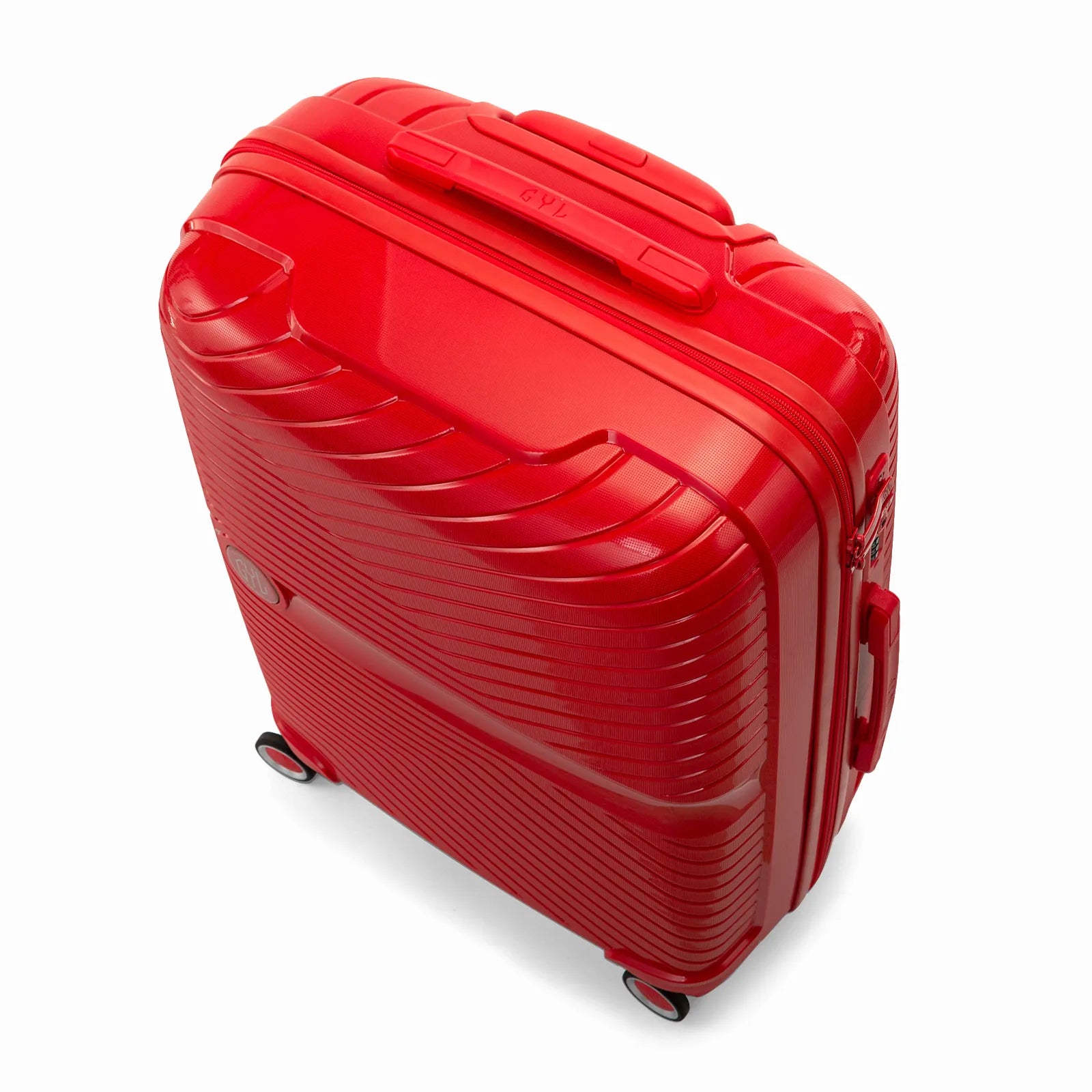 Valise cabine GYL Signature rouge vue du dessus en diagonale, montrant la poignée supérieure et la structure nervurée.