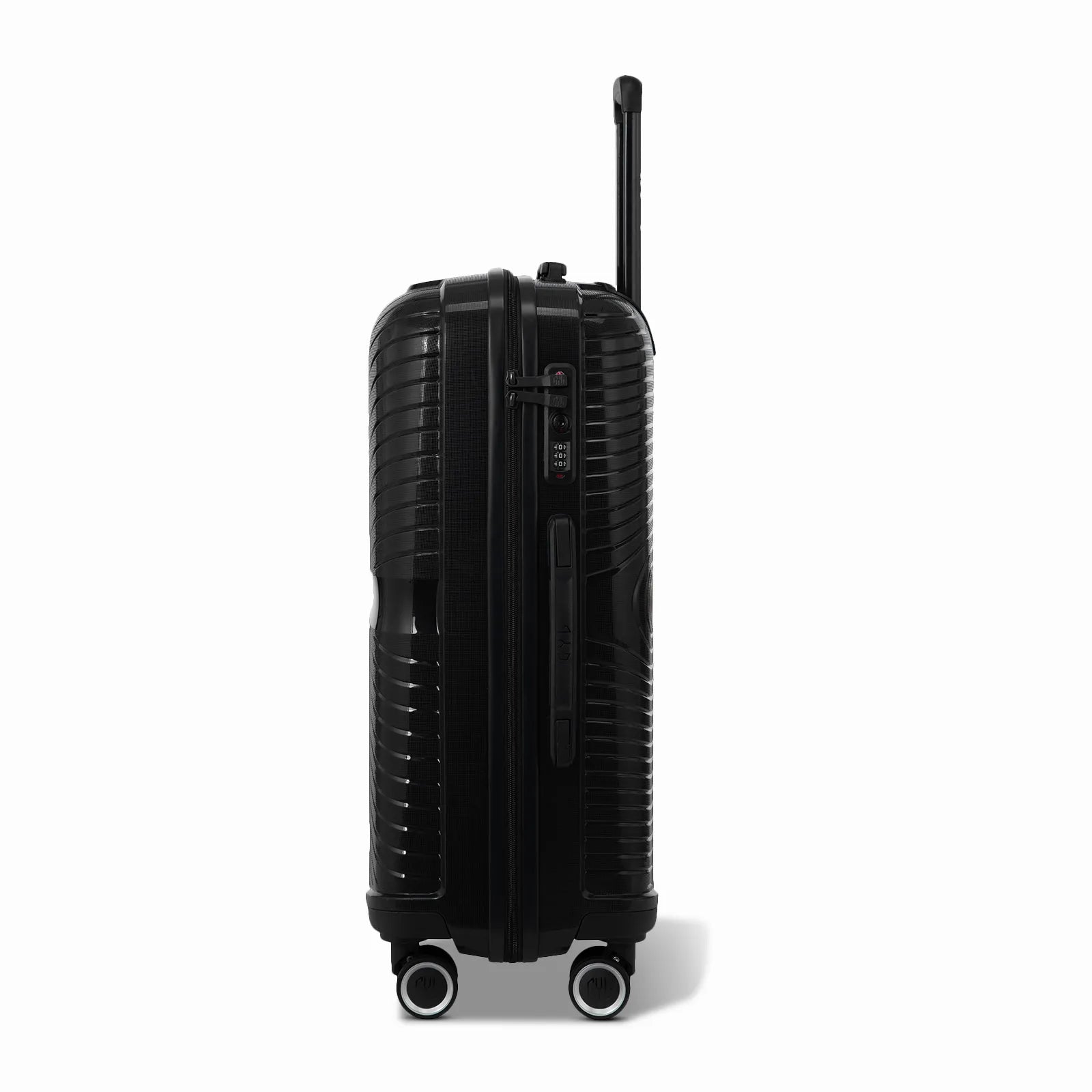 Côté de la valise moyenne GYL Signature noire avec serrure TSA intégrée et poignée latérale assortie.