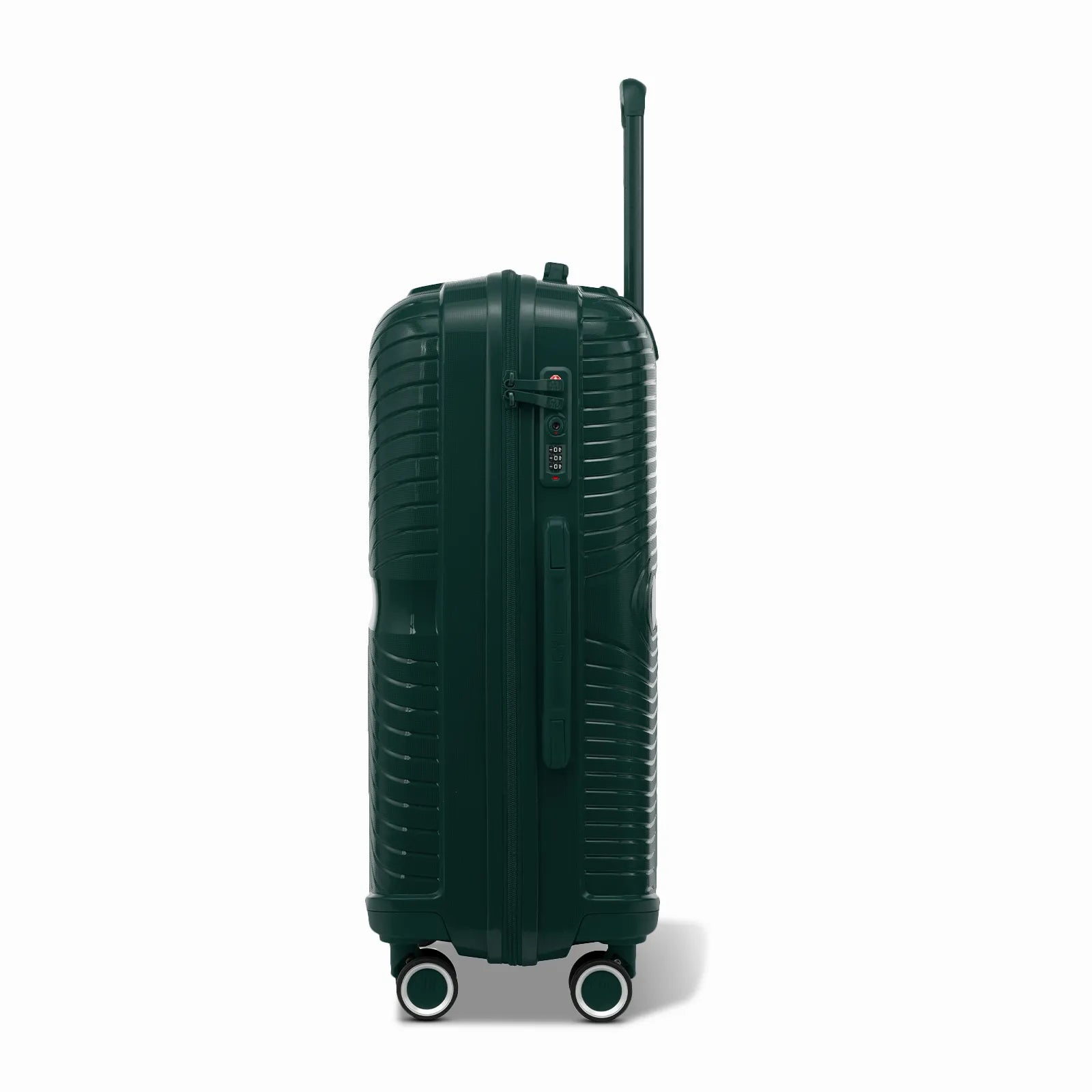 Côté de la valise moyenne GYL Signature sapin avec serrure TSA intégrée et poignée latérale assortie.