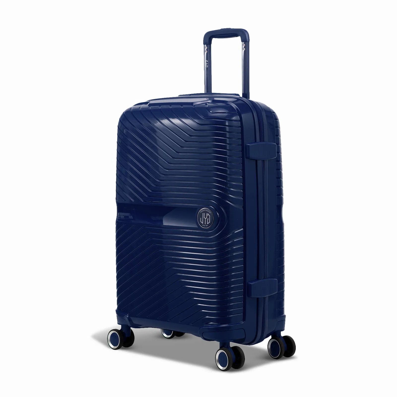 Valise moyenne GYL Signature marine en polypropylène vue de trois quarts, avec trolley déployé et roues doubles 360°