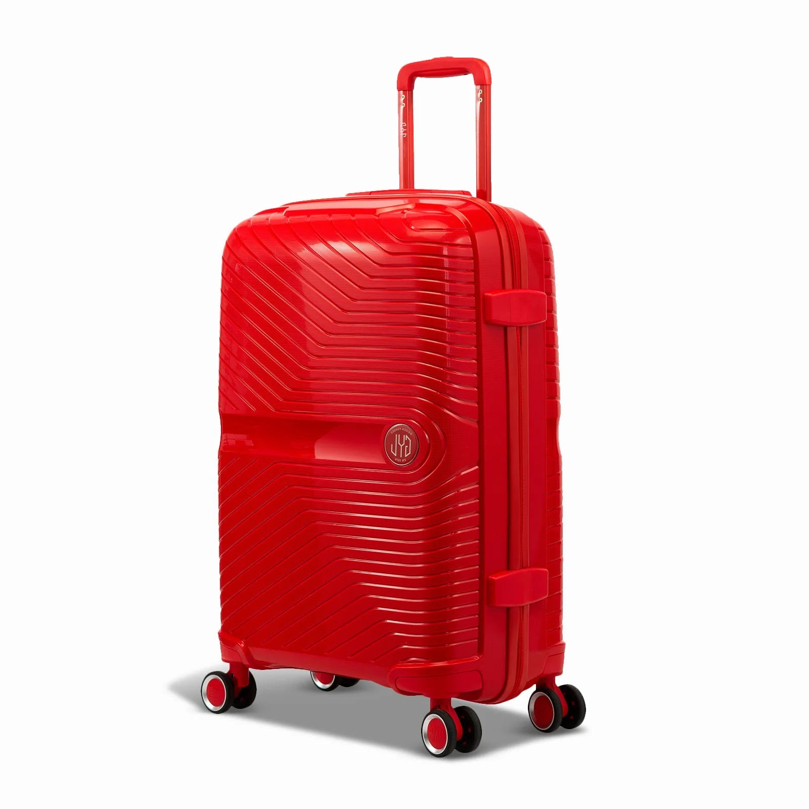 Valise moyenne GYL Signature rouge en polypropylène vue de trois quarts, avec trolley déployé et roues doubles 360°