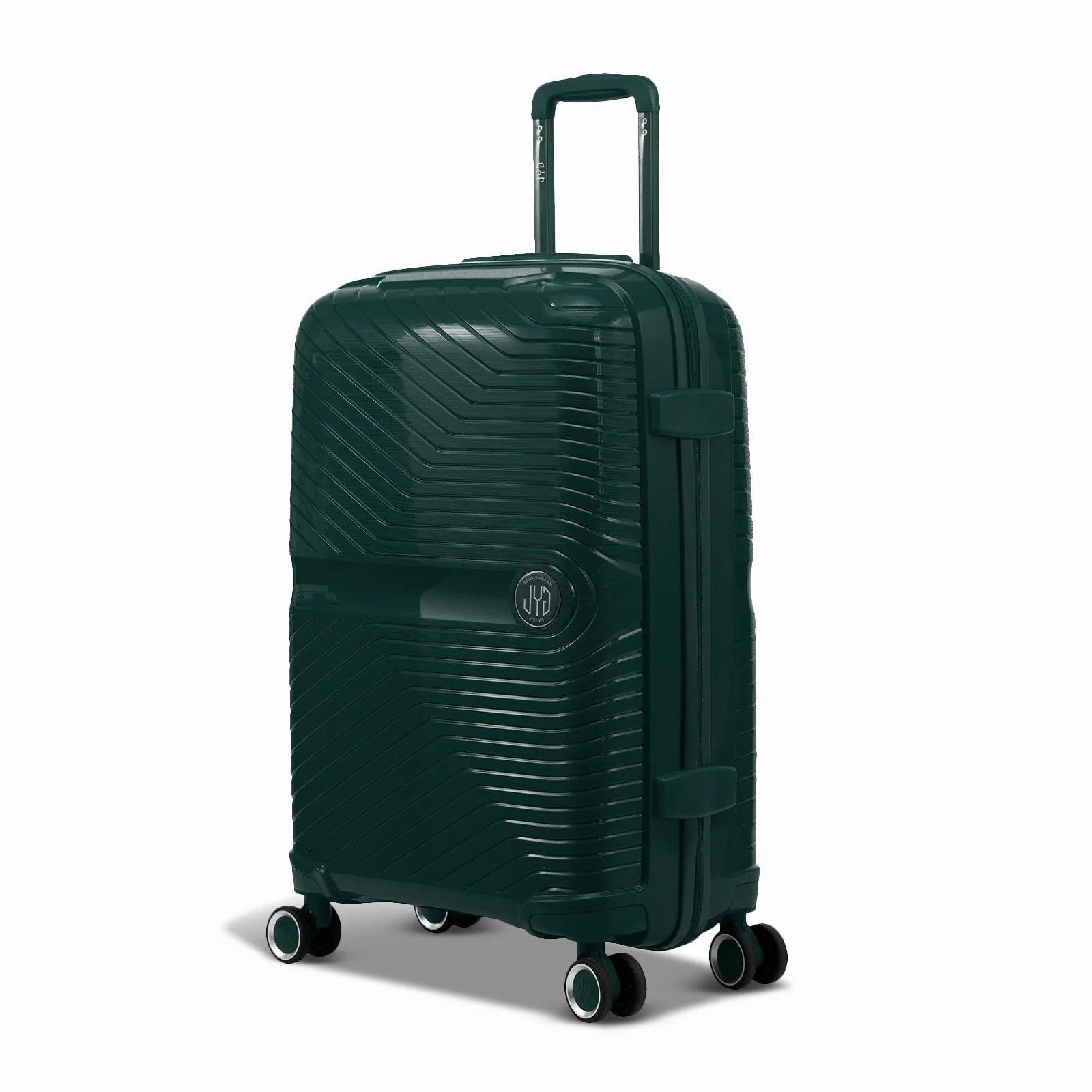 Valise moyenne GYL Signature sapin en polypropylène vue de trois quarts, avec trolley déployé et roues doubles 360°
