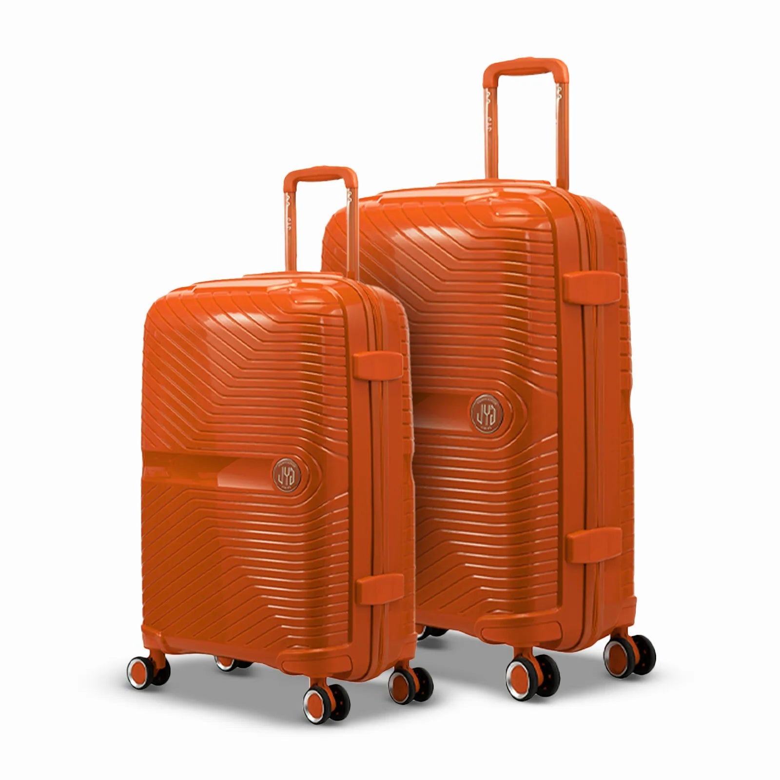 Set de deux valises GYL Signature en polypropylène orange, comprenant les formats moyenne et soute, avec trolley télescopique et roues doubles 360°.