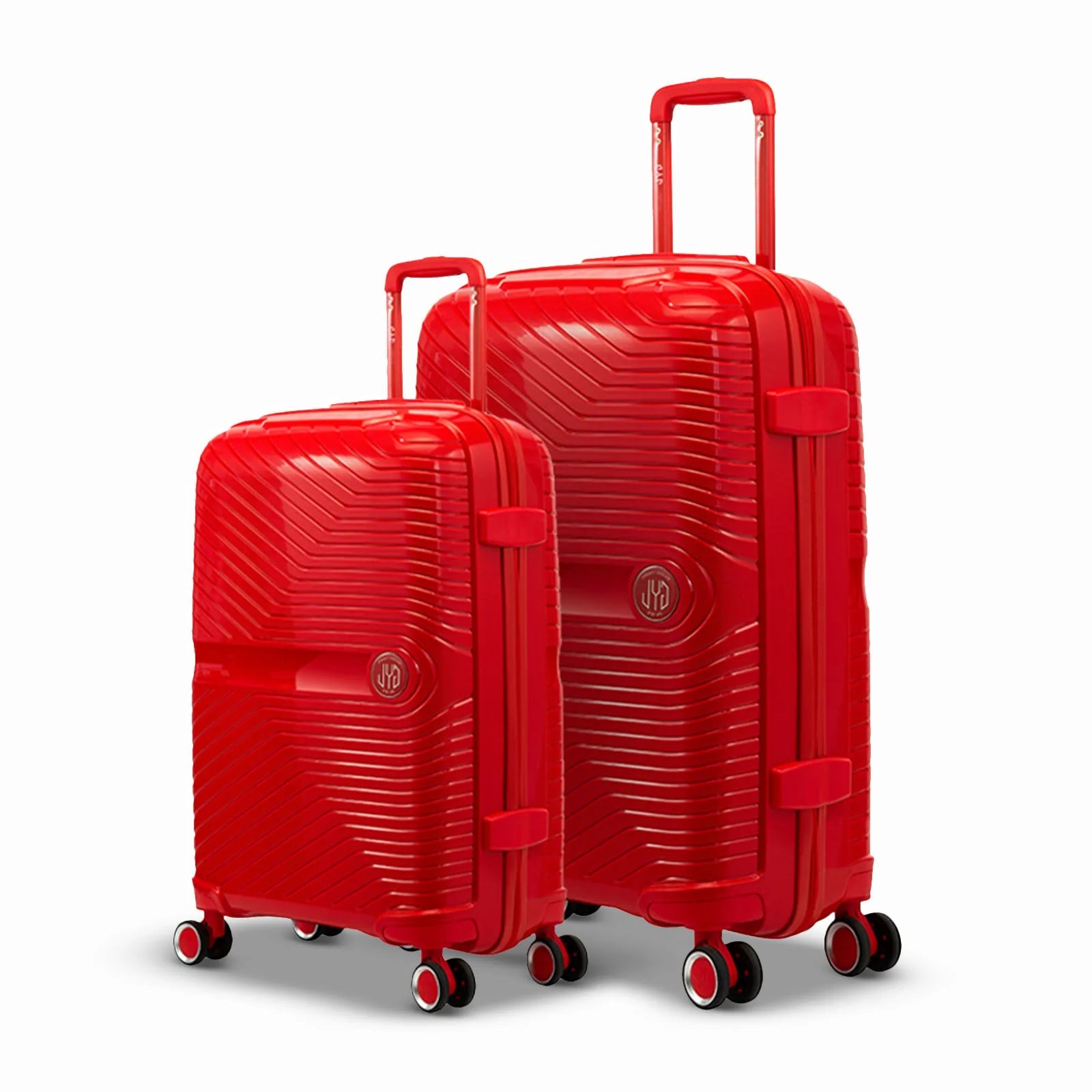 Set de deux valises GYL Signature en polypropylène rouge, comprenant les formats moyenne et soute, avec trolley télescopique et roues doubles 360°.