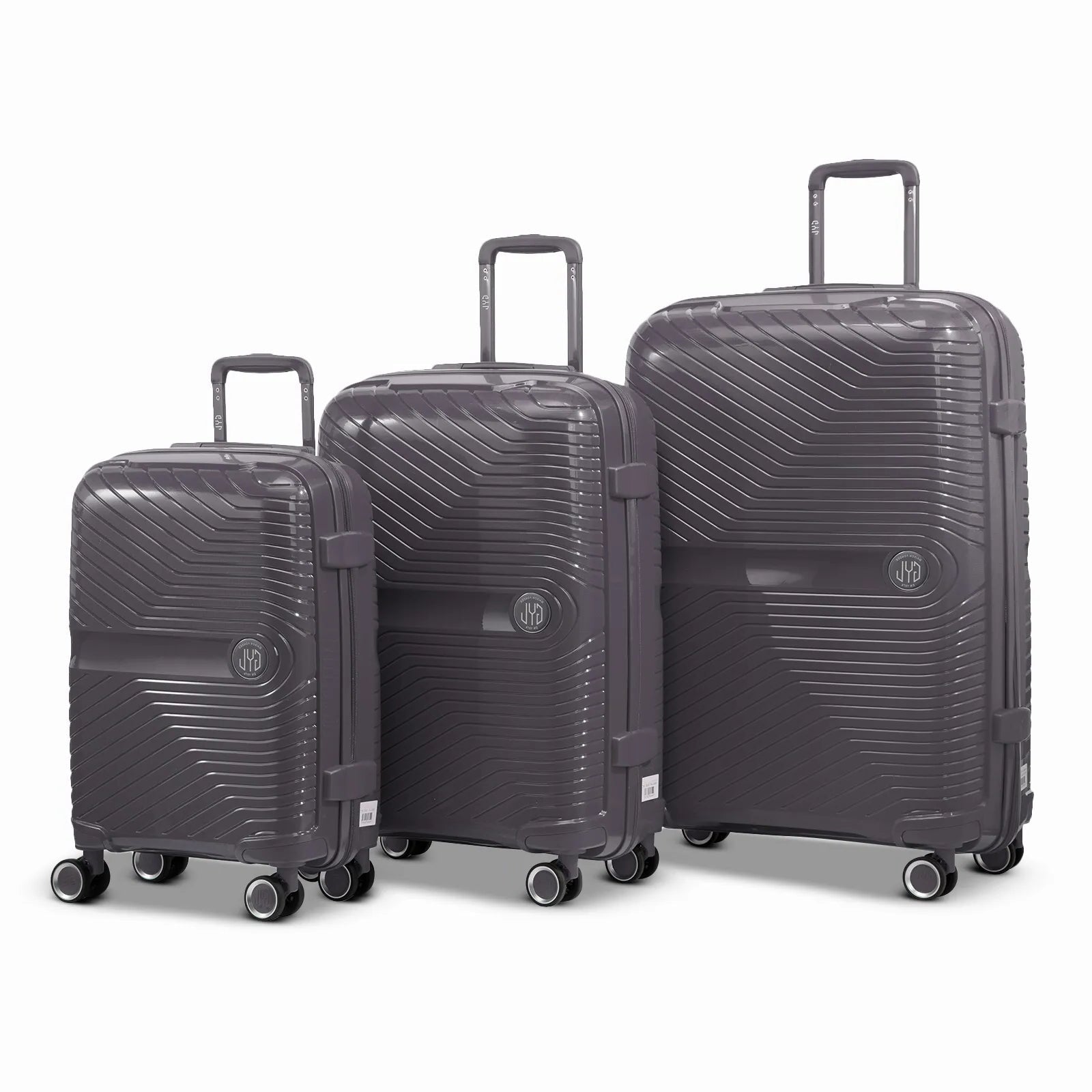 Ensemble de trois valises GYL Signature en polypropylène argent, comprenant les formats cabine, moyenne et soute, avec trolley télescopique et roues doubles 360°.