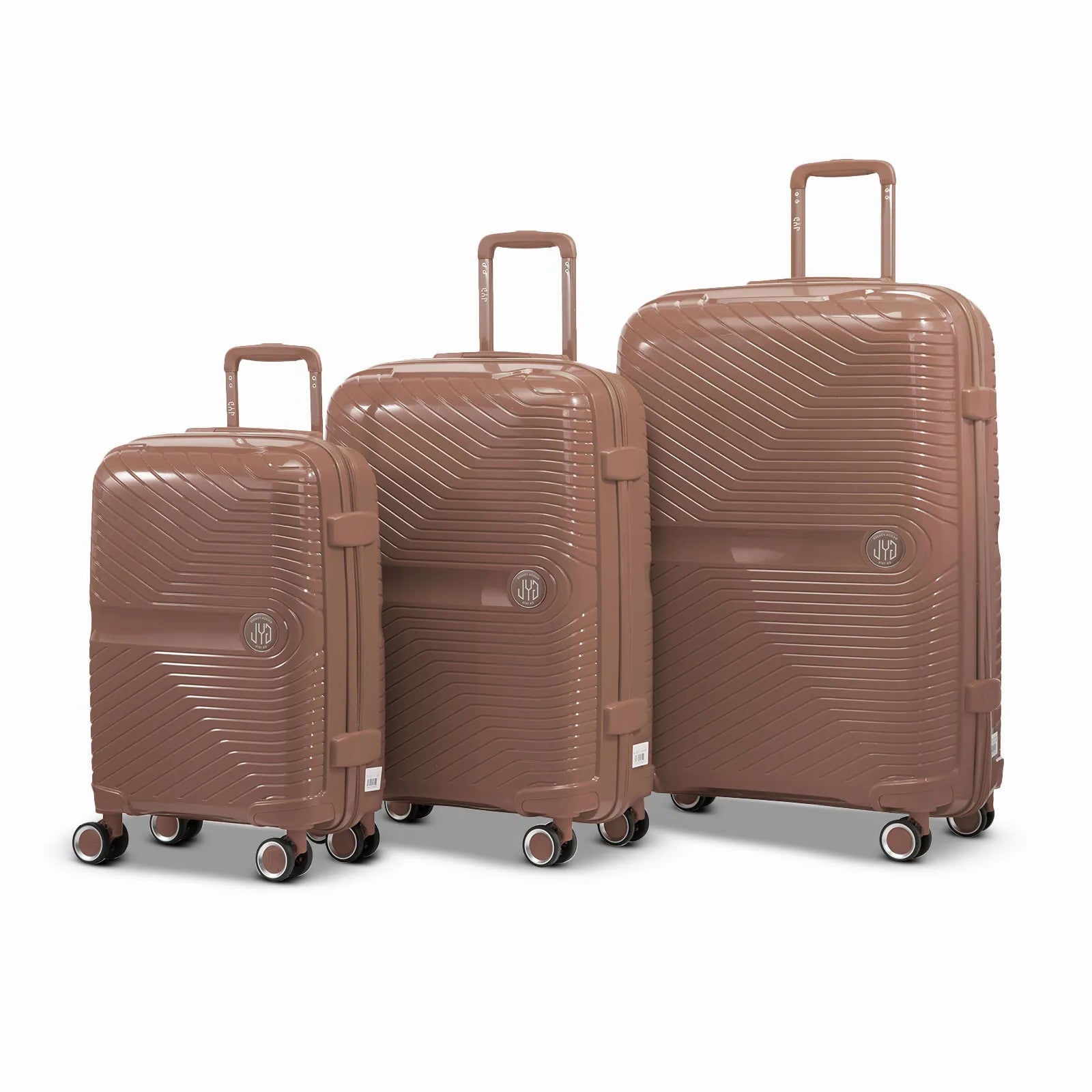 Ensemble de trois valises GYL Signature en polypropylène champagne, comprenant les formats cabine, moyenne et soute, avec trolley télescopique et roues doubles 360°.