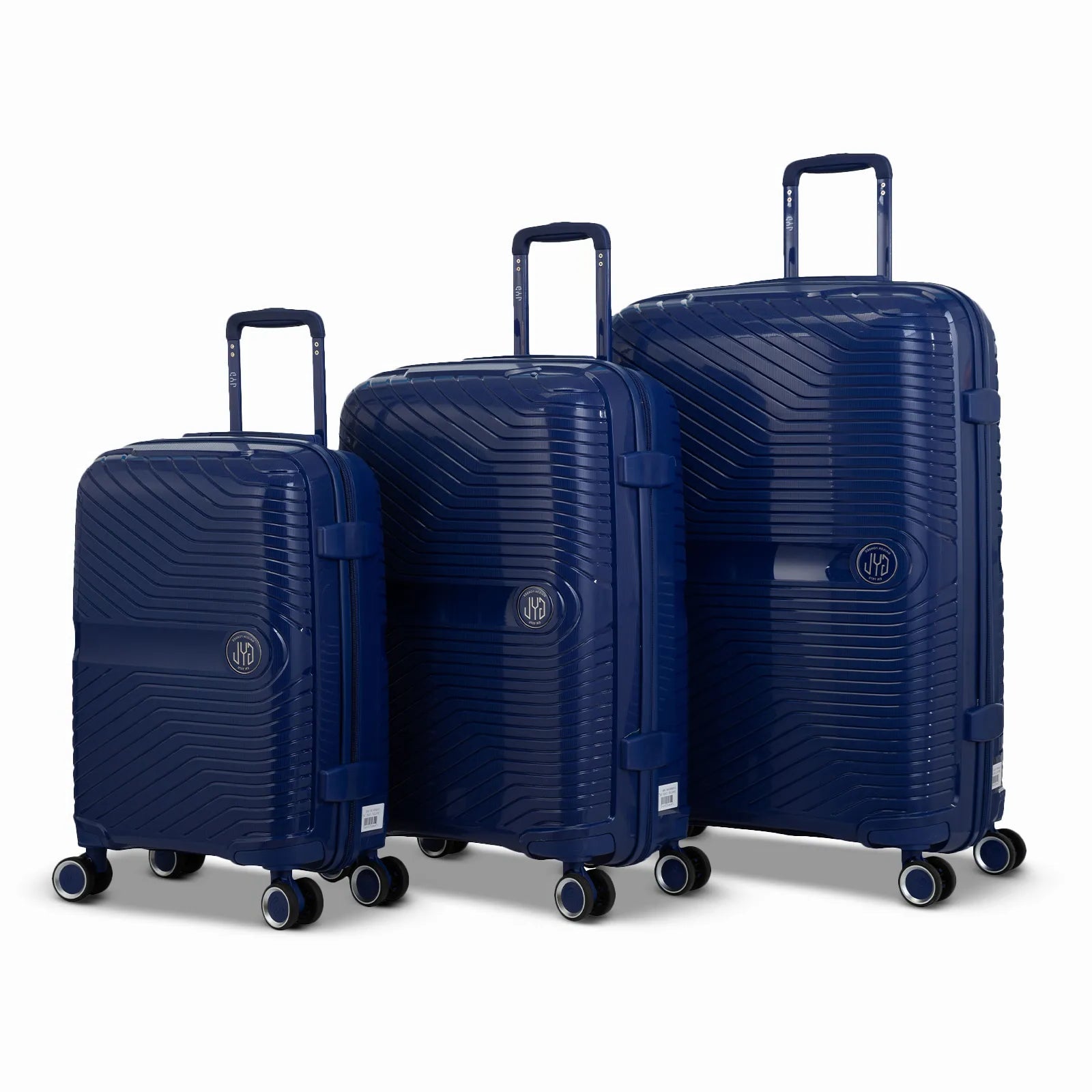 Ensemble de trois valises GYL Signature en polypropylène marine, comprenant les formats cabine, moyenne et soute, avec trolley télescopique et roues doubles 360°.
