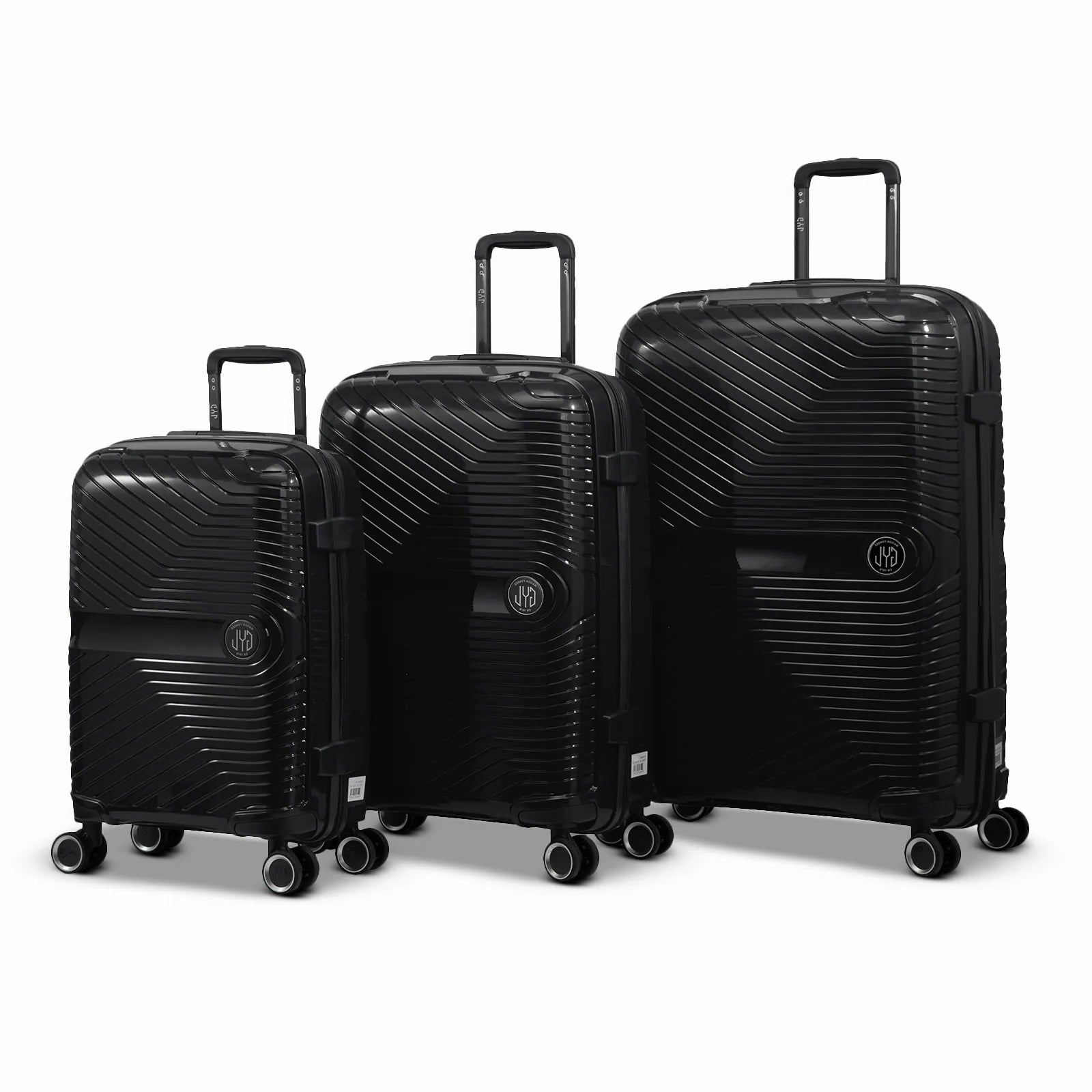 Ensemble de trois valises GYL Signature en polypropylène noire, comprenant les formats cabine, moyenne et soute, avec trolley télescopique et roues doubles 360°.