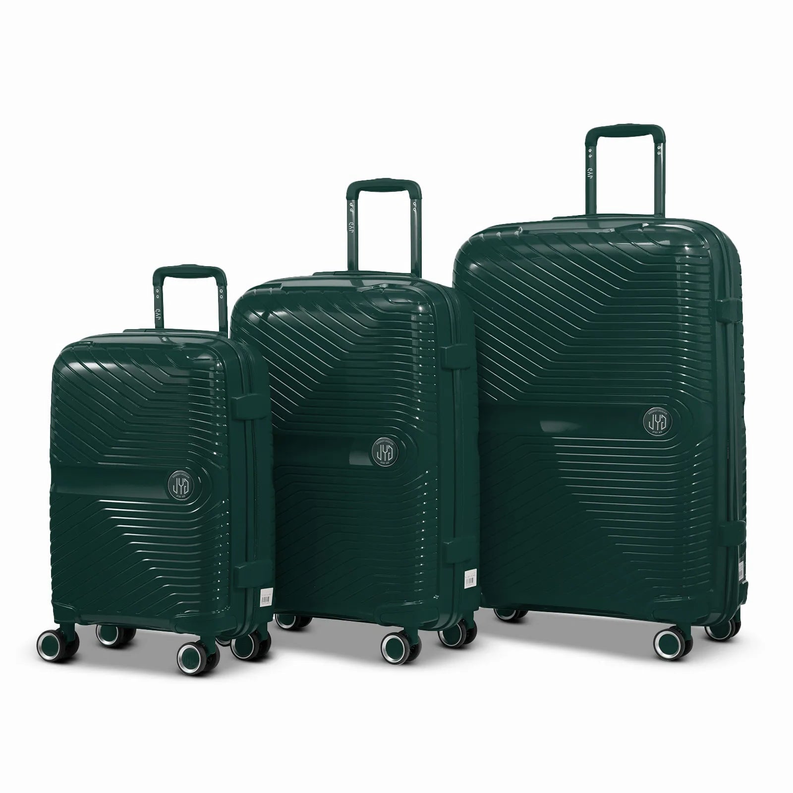 Ensemble de trois valises GYL Signature en polypropylène sapin, comprenant les formats cabine, moyenne et soute, avec trolley télescopique et roues doubles 360°.