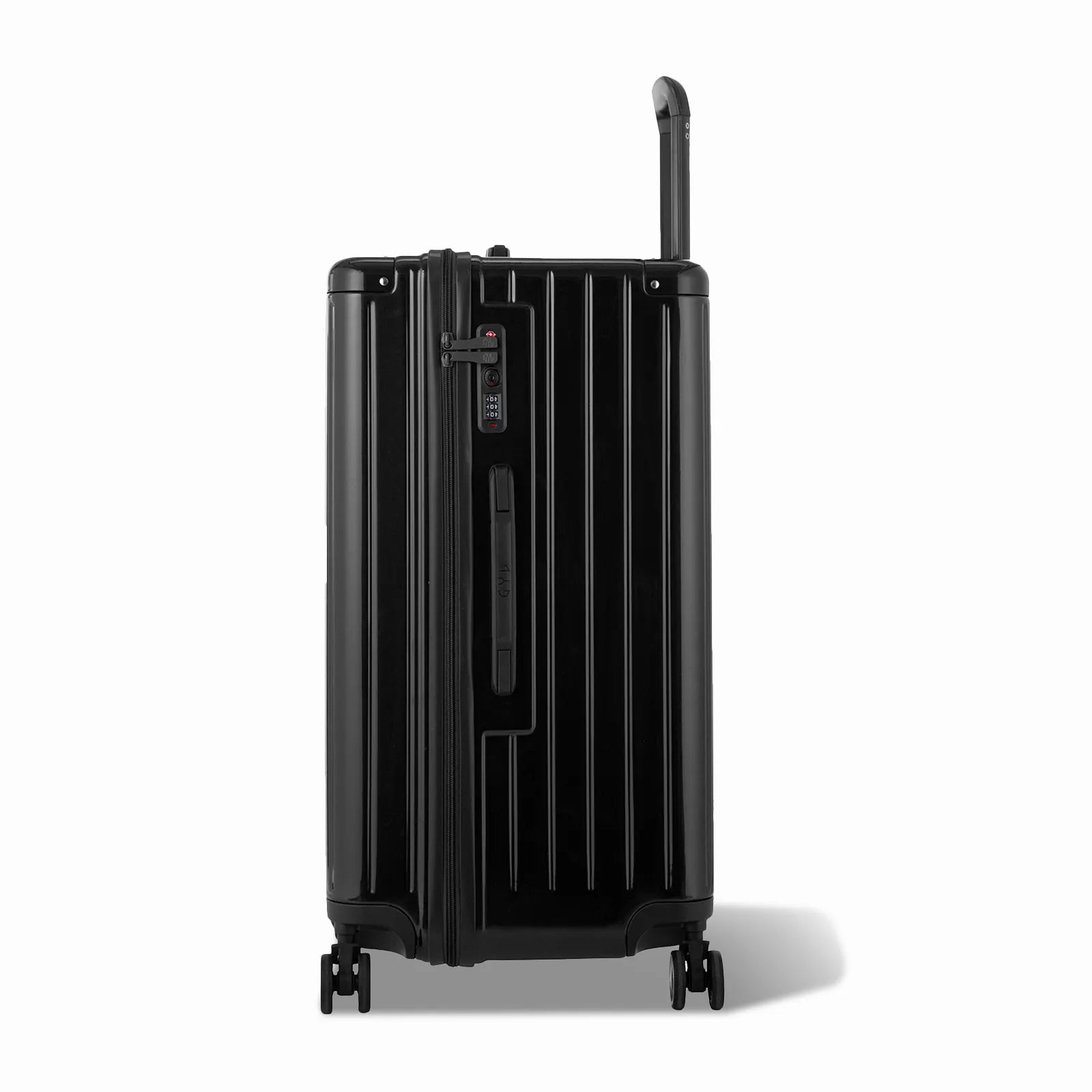 Côté de la valise trunk GYL L noir avec serrure TSA intégrée et poignée latérale assortie.