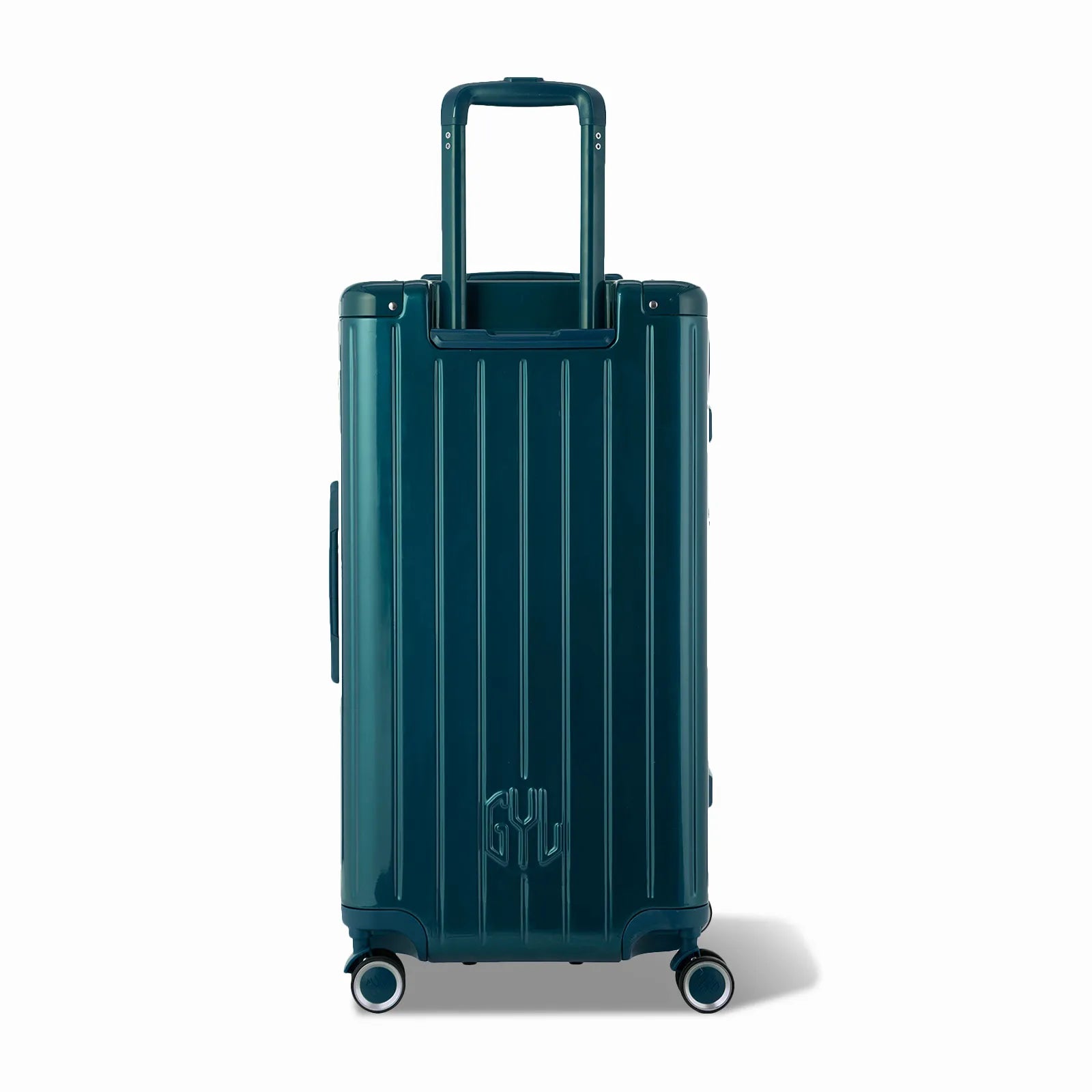 Dos de la valise trunk GYL L sapin avec trolley télescopique sorti et logo embossé.