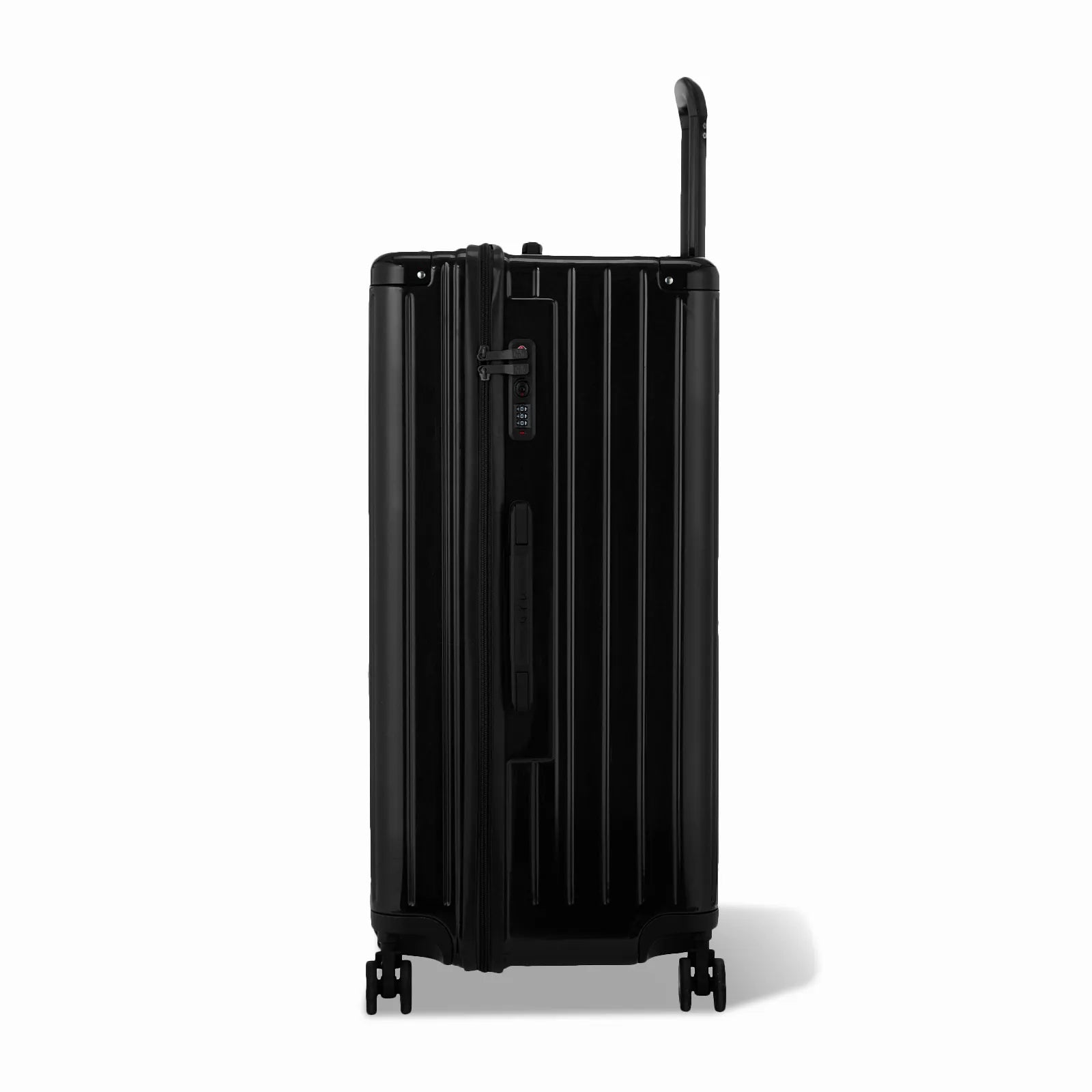 Côté de la valise trunk GYL XL noir avec serrure TSA intégrée et poignée latérale assortie.