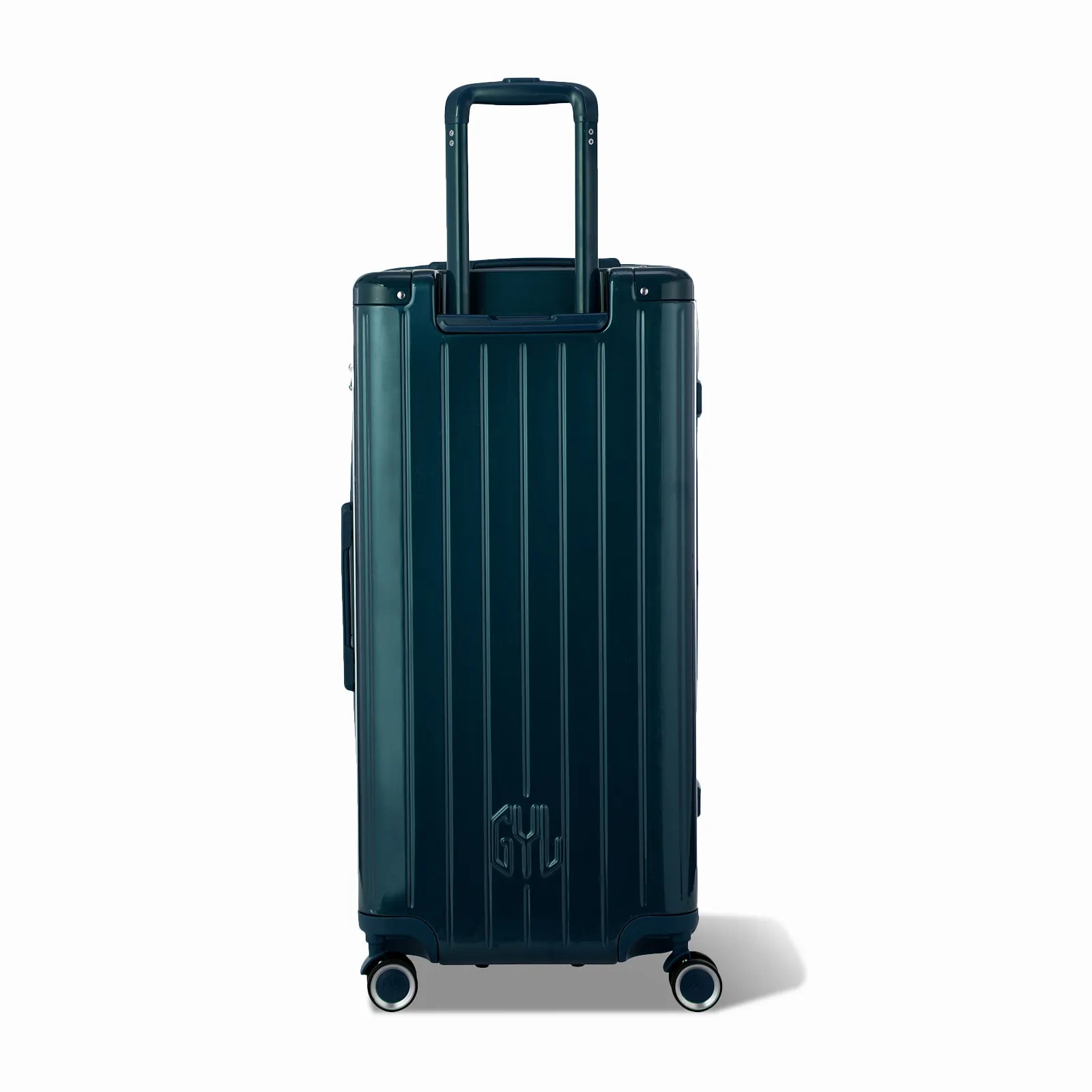 Dos de la valise trunk GYL XL sapin avec trolley télescopique sorti et logo embossé.