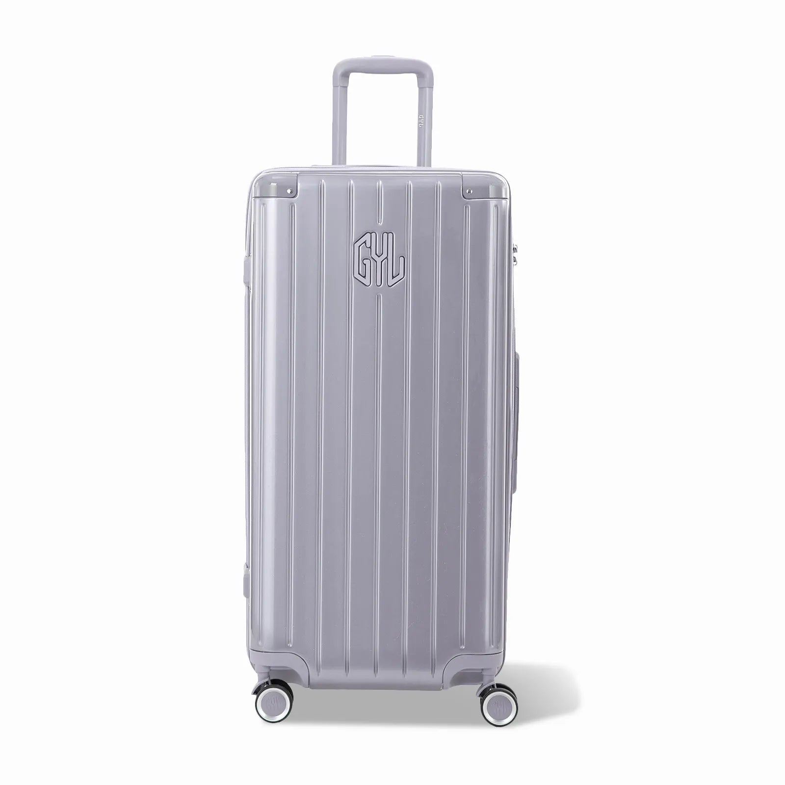 Valise trunk GYL taille XL en polycarbonate argent vue de face, avec trolley déployé et roues 360°.