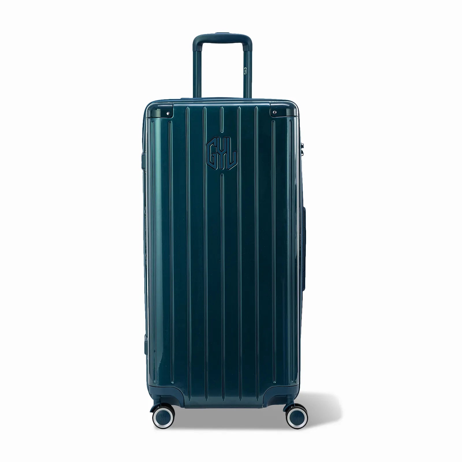 Valise trunk GYL taille XL en polycarbonate sapin vue de face, avec trolley déployé et roues 360°.