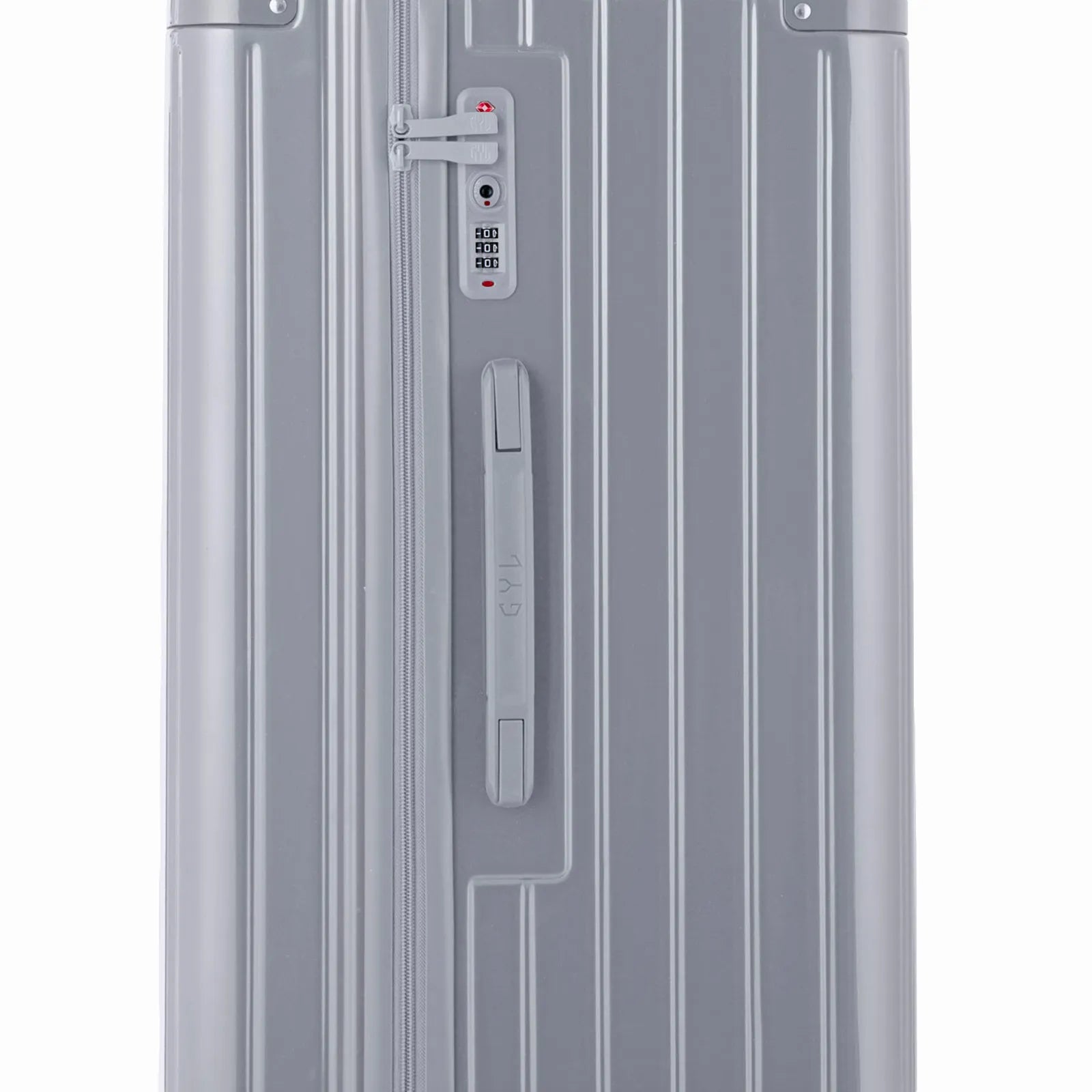 Détail de la serrure TSA et de la poignée latérale sur la valise trunk argent.