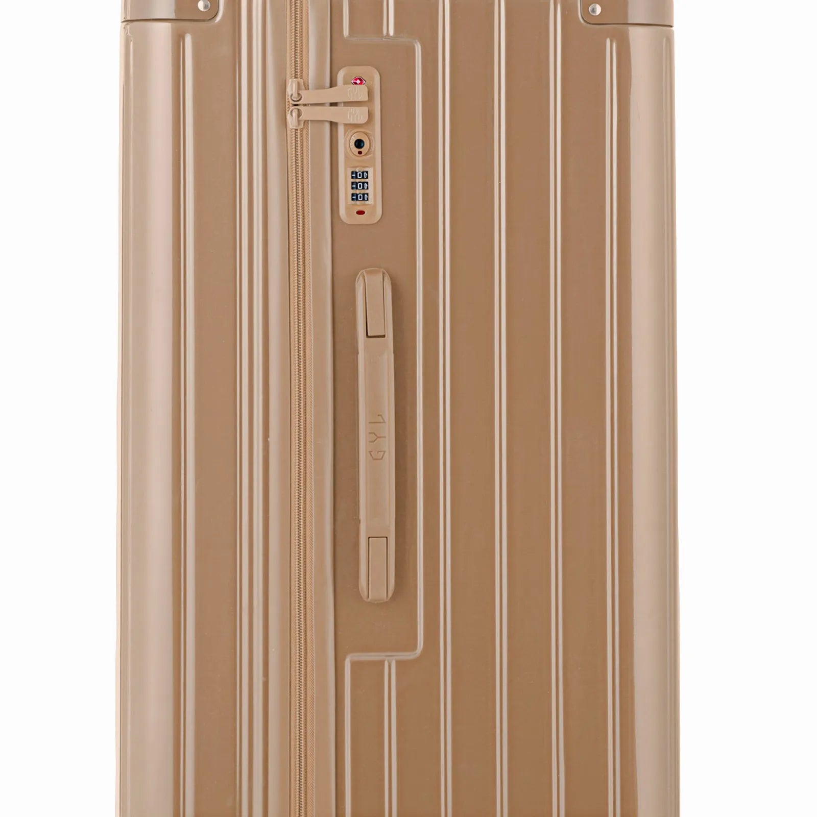 Détail de la serrure TSA et de la poignée latérale sur la valise trunk champagne.