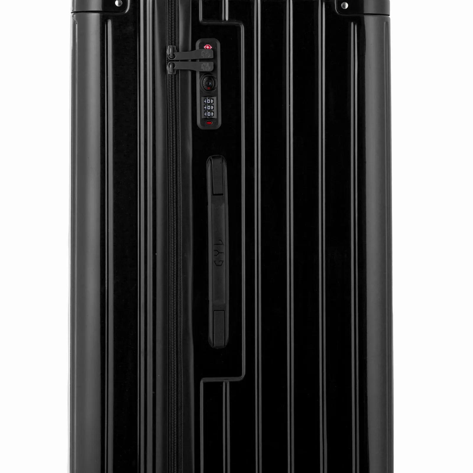 Détail de la serrure TSA et de la poignée latérale sur la valise trunk noir.