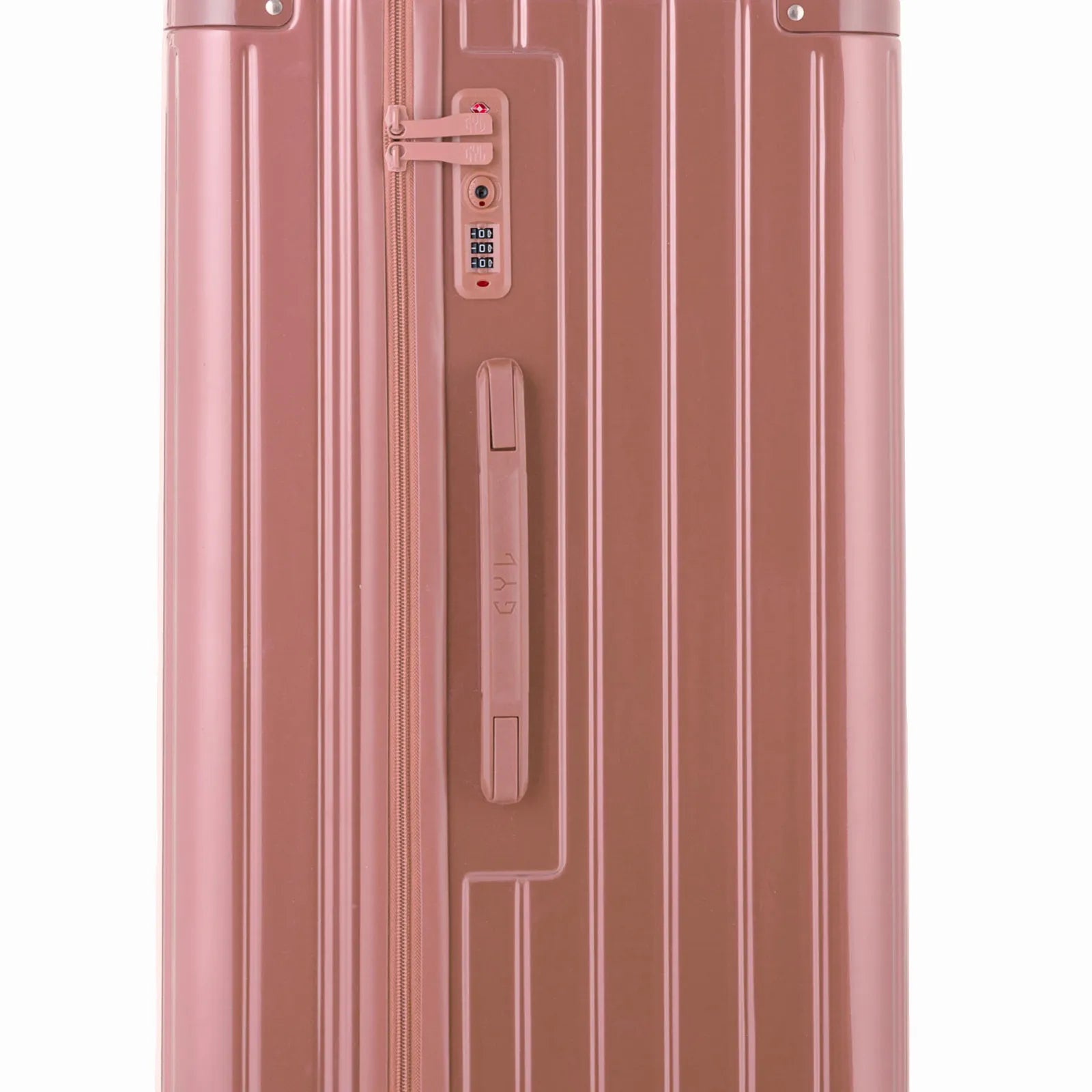 Détail de la serrure TSA et de la poignée latérale sur la valise trunk rose gold.