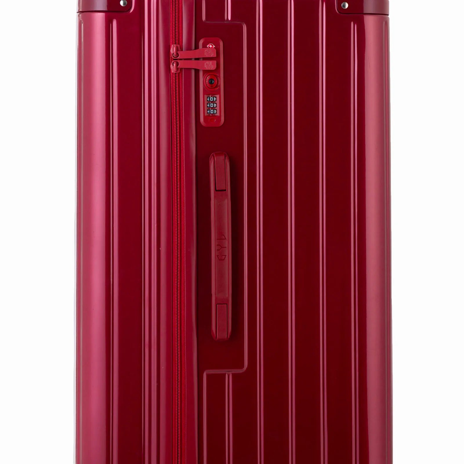 Détail de la serrure TSA et de la poignée latérale sur la valise trunk rouge foncé.